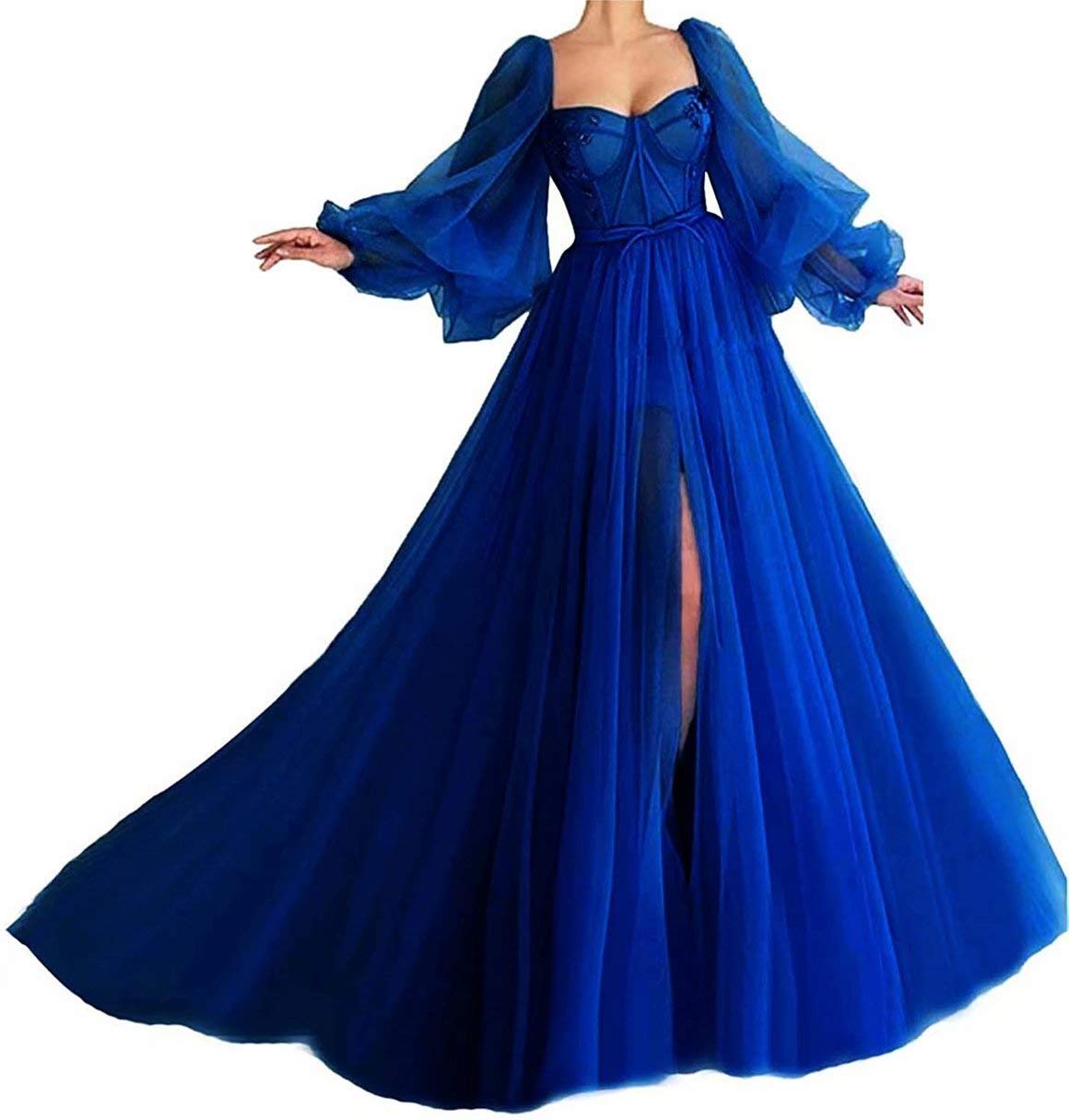 Vintage Long Puffy Sleeves Tulle Princess Prom Quinceanera Dress with Split | Elegant Evening Gown for Birthday Party, Sweet 16, Homecoming Dance & Formal Events