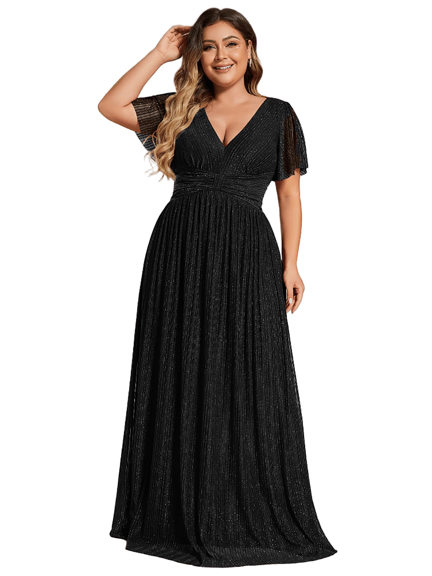 Ever-Pretty Women's Plus Size A-Line Glitter V-Neck Pleated Short Sleeve Formal Evening Dress 11961-DA - Perfect for Prom, Cocktail Parties & Special Occasions