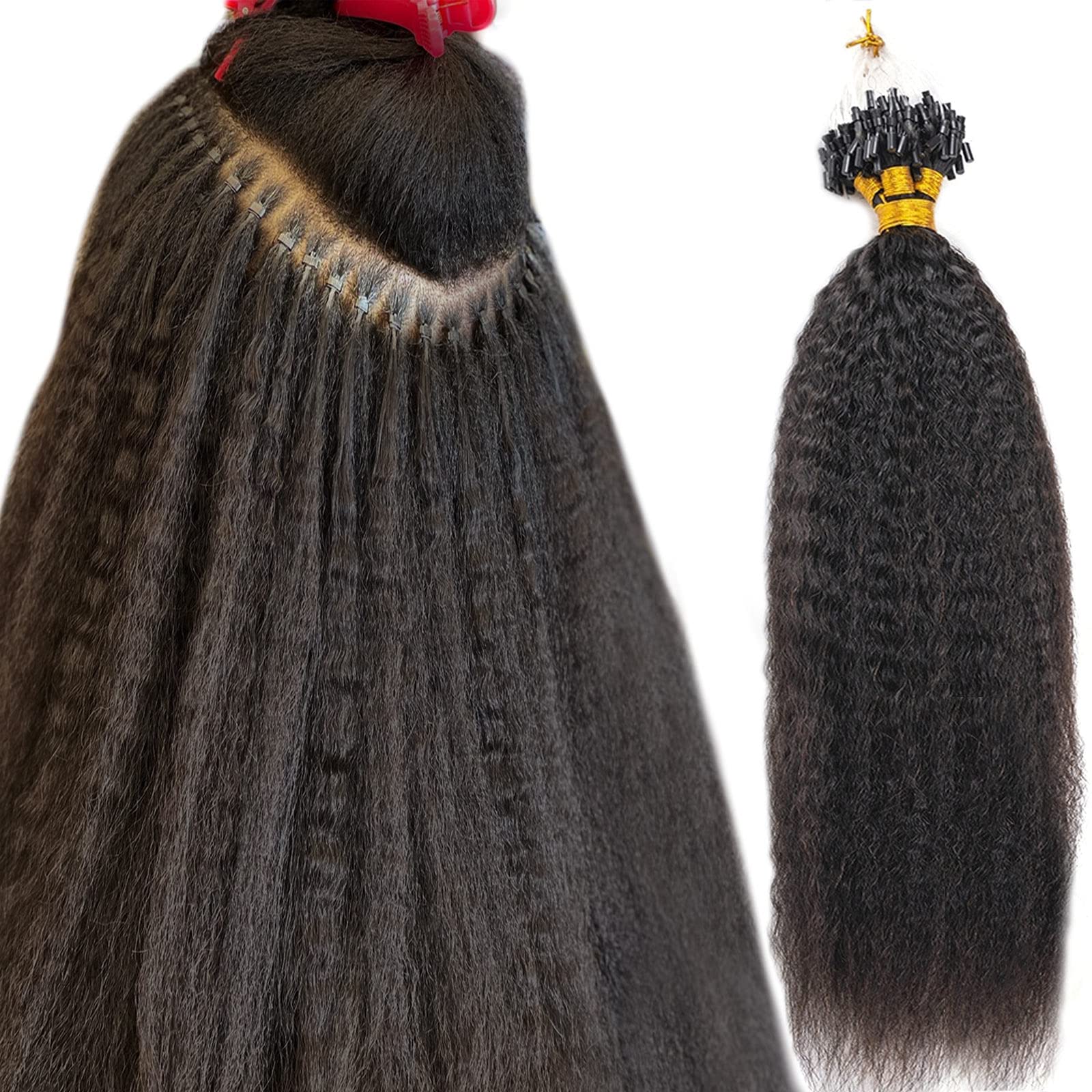 Kinky Straight Micro Link Hair Extensions 100 Strands 24 Inches 100G - Human Hair Wefts for Black Women | Natural Black Color | Perfect for Daily Wear, Parties & Special Occasions