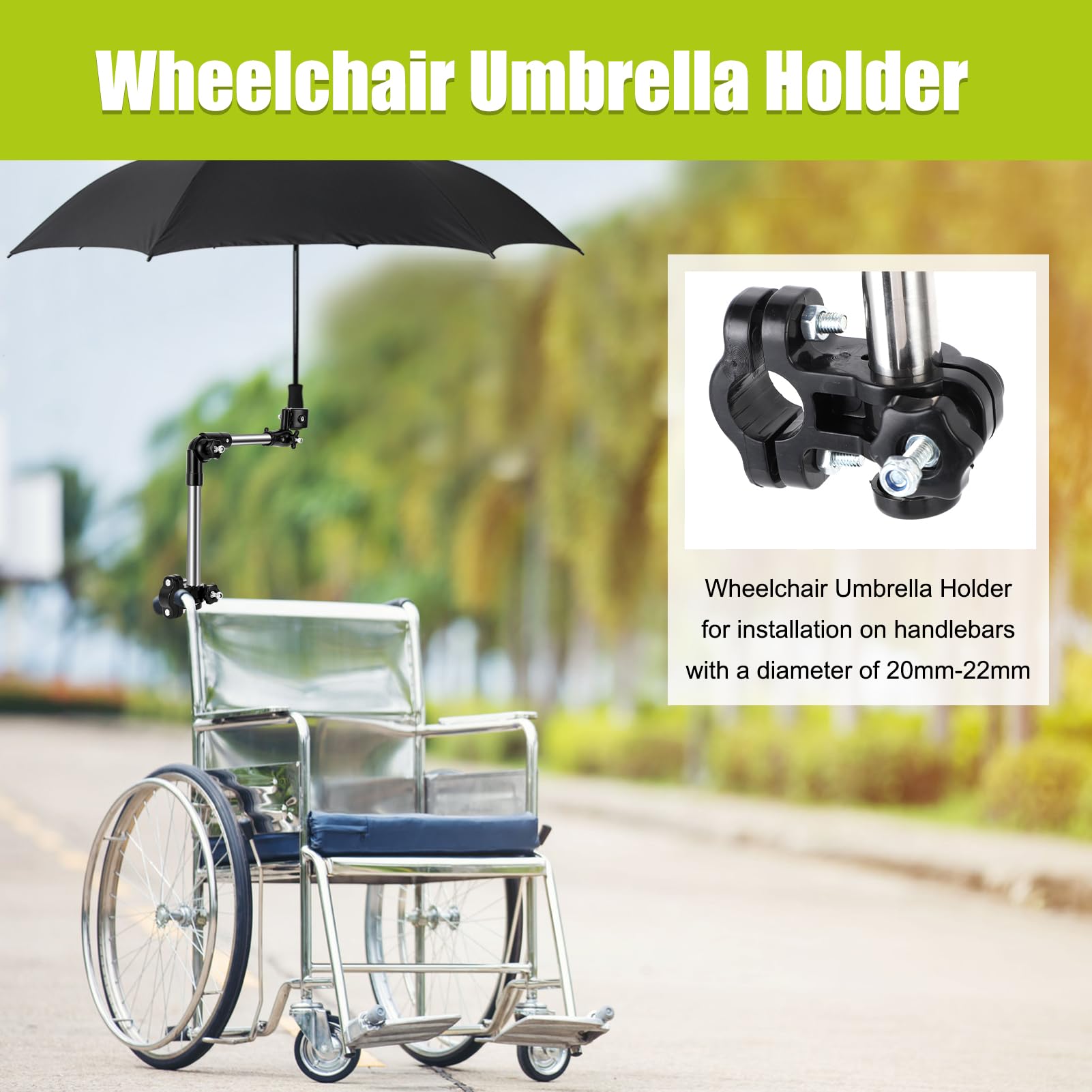 Wheelchair Umbrella Mount Holder - Adjustable Sun Shade Clamp for 20mm Wheelchair Handlebars | Weatherproof & Secure Attachment | Perfect for Outdoor Activities, Beach Trips, and Daily Commutes