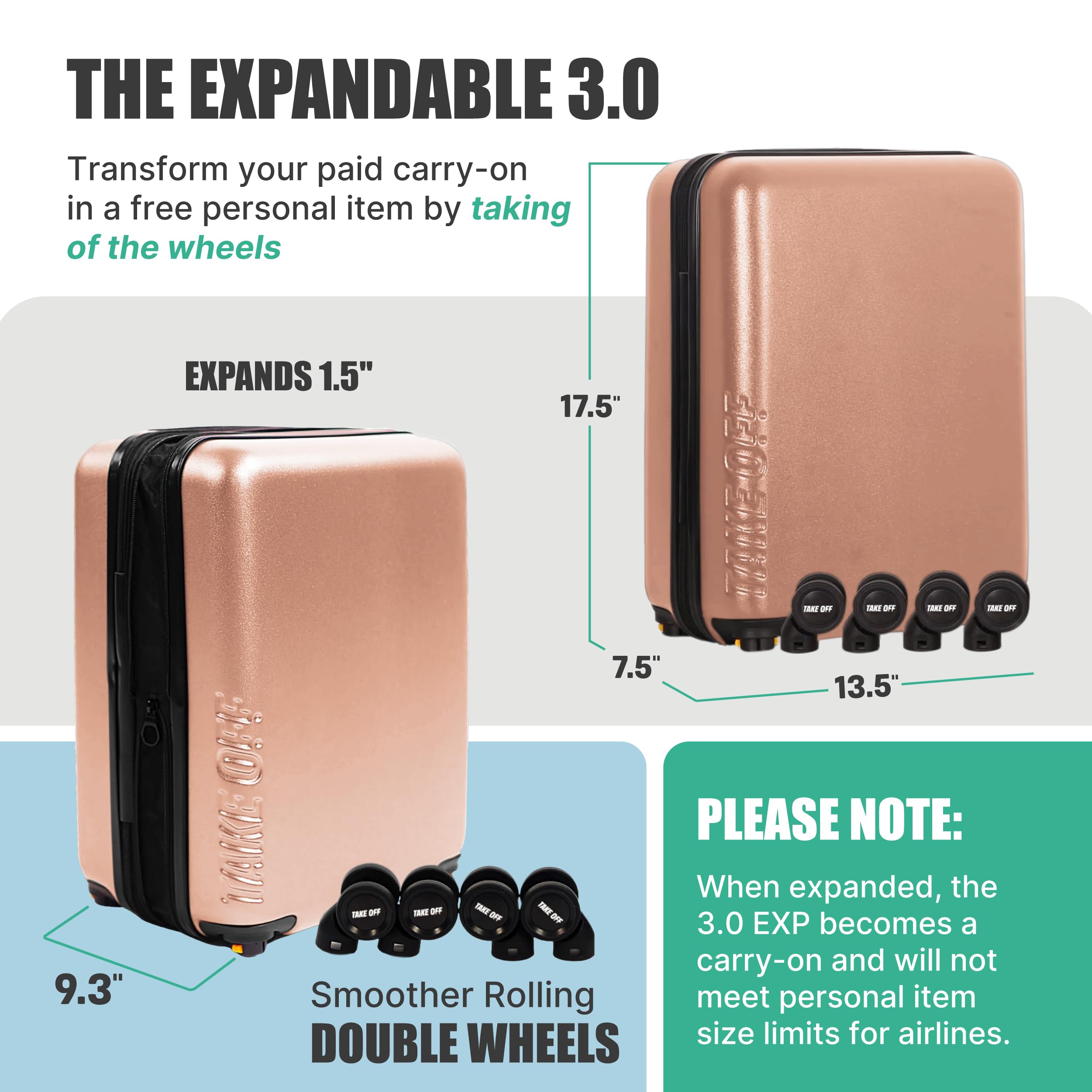 Take OFF Luggage Personal Item Suitcase 3.0 EXP - Rose | Carry-On Approved Underseat Travel Bag for Airlines | Perfect for Business Trips & Weekend Getaways