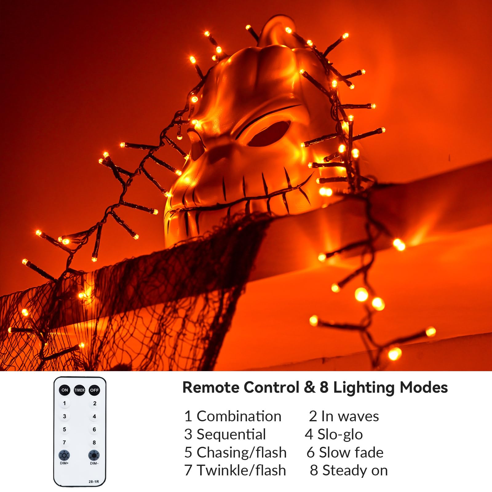 400 LED Orange Halloween String Lights - 19.7FT Waterproof Indoor/Outdoor Decor with 8 Lighting Modes for Halloween, Christmas, Parties, Room & Garden Decoration