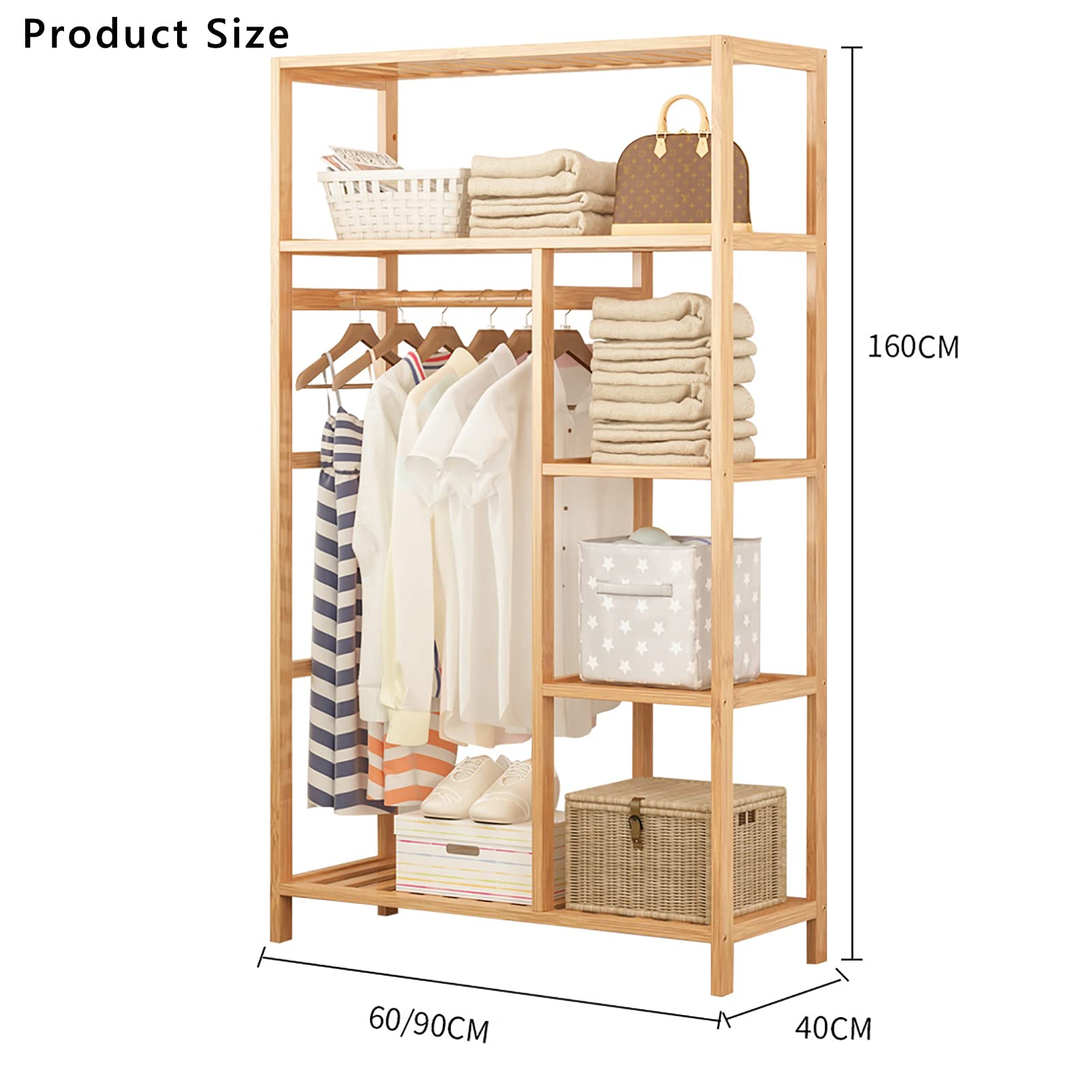 5-Tier Bamboo Wood Clothing Rack with Shelves - Heavy Duty Garment Organizer for Minimalist Wardrobe | Perfect for Bedroom, Closet & Laundry Room Storage