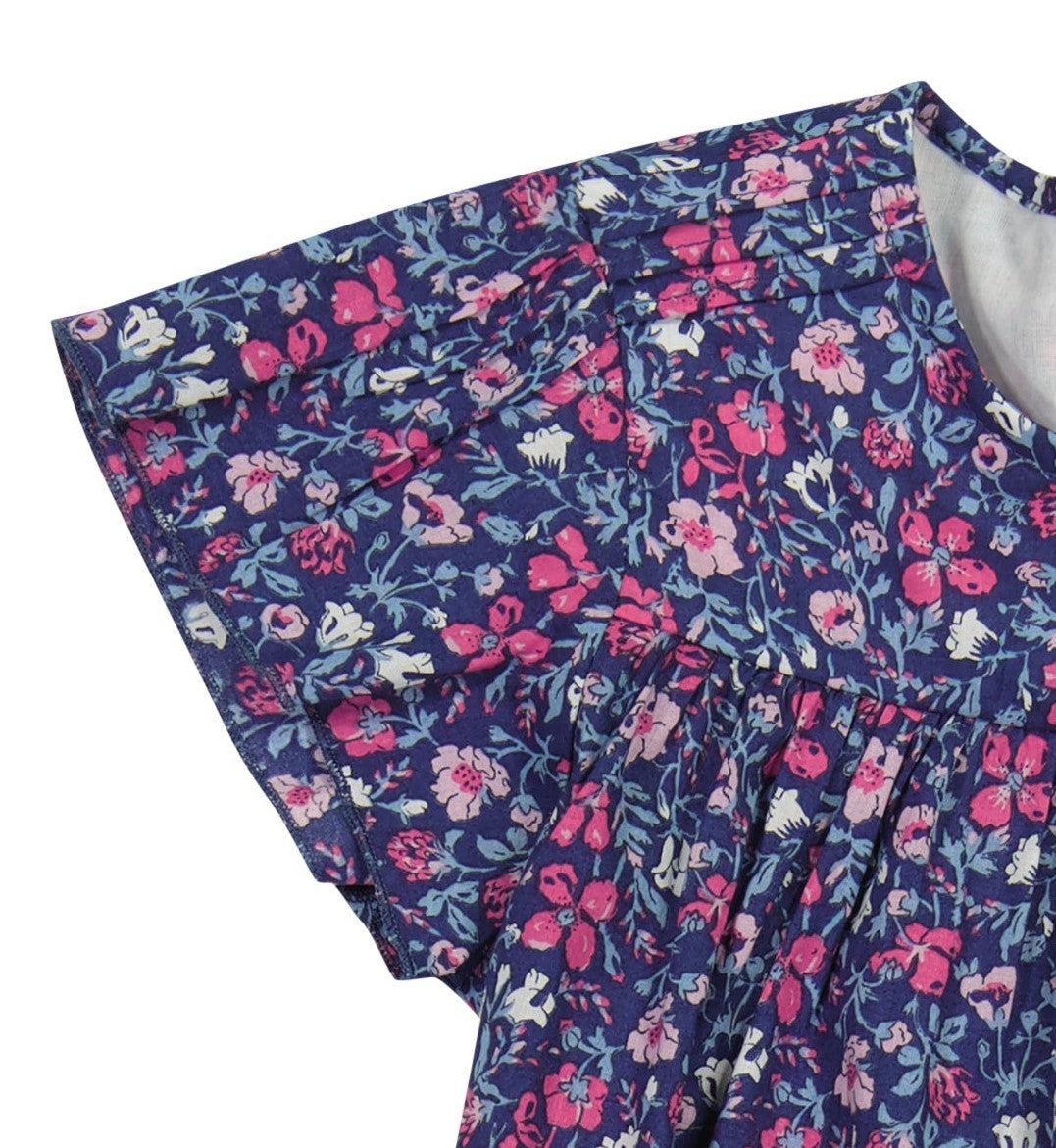 Olivia Girls A-Line Dress - Pink & Navy Floral Print Casual Summer Dress for Kids, Birthday Party, School, and Special Occasions