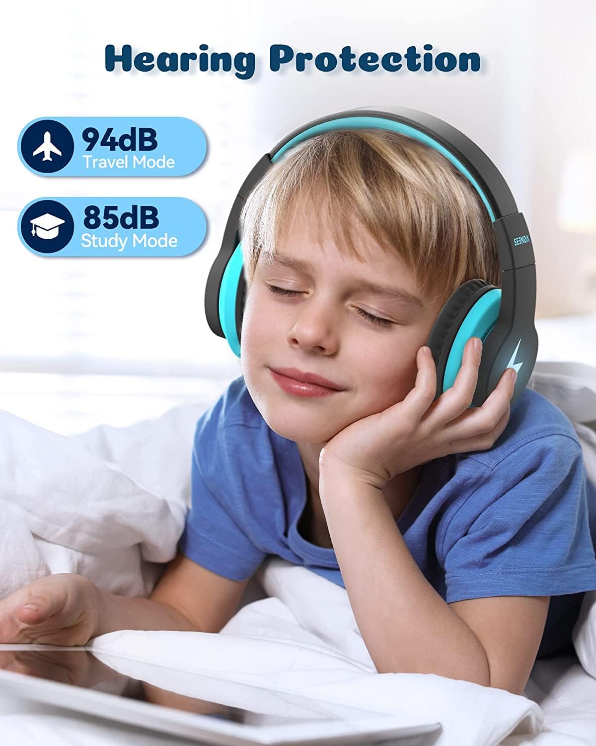 Seenda Kids Bluetooth Headphones with LED Lights - Foldable Over-Ear Wireless/Wired Headset (85dB/94dB Volume Limited) for School, Travel, Gaming & TV - Compatible with PC, Tablet, Airplane - Black & Blue | Perfect for Online Classes, Long Flights & Entertainment
