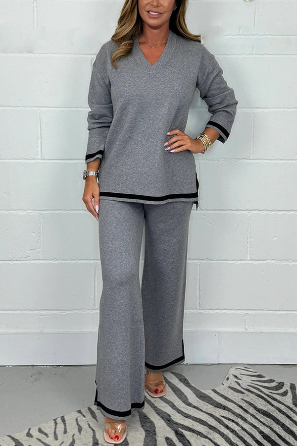 Solid Color V-Neck Long Sleeve Loose Top & Elastic Waist Wide Leg Pants Set - Women's Casual Outfit for Work, Travel and Everyday Wear