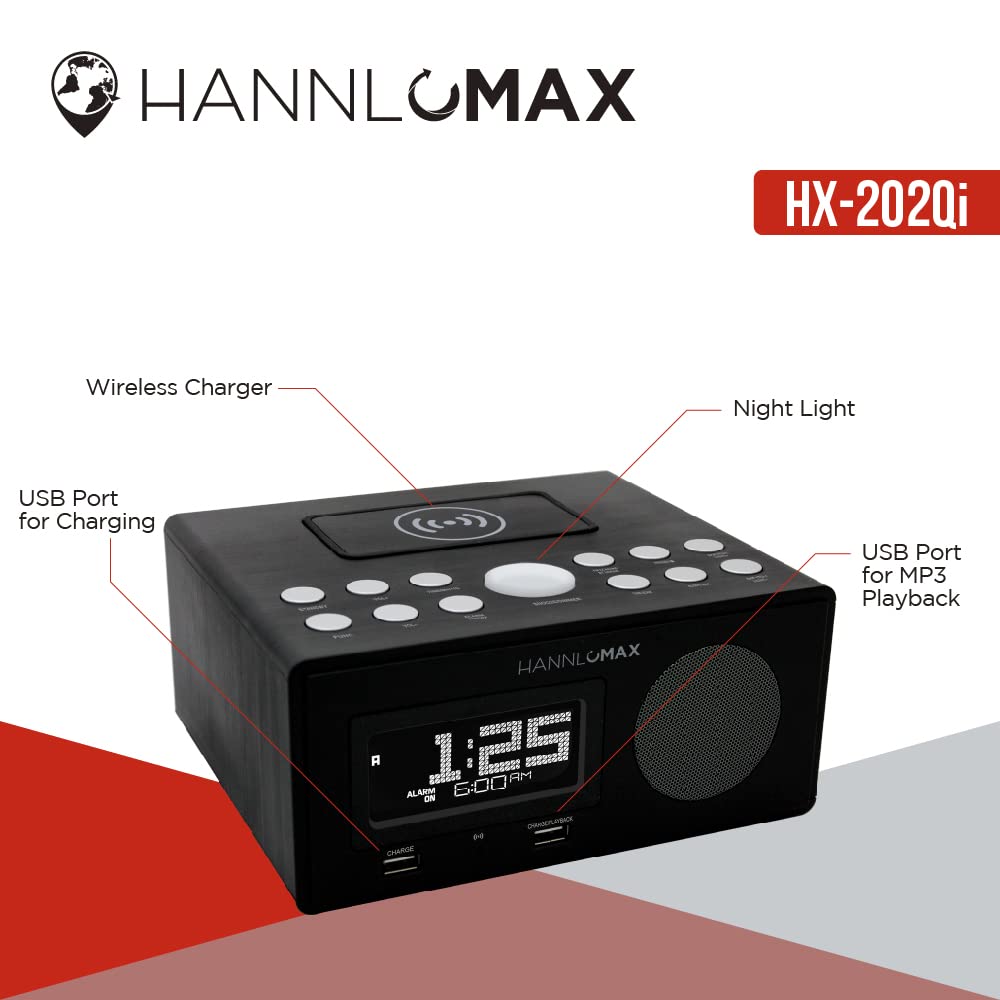 HANNLOMAX HX-202Qi Wireless Charging Alarm Clock Radio with Bluetooth, 10W Fast Charging, Dual USB Ports, Temperature Display & Nightlight - Perfect for Bedroom, Office, Travel (Black)