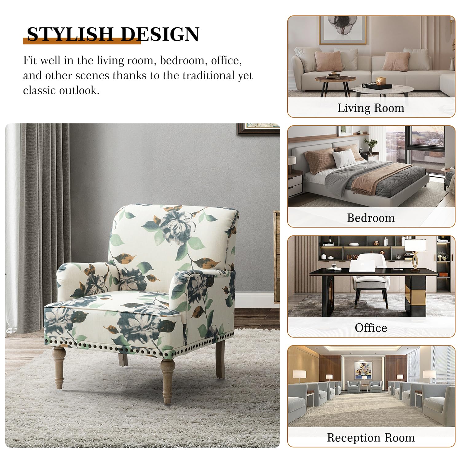 HULALA HOME Modern Armchairs Set of 2 - Wooden Legs & Nailhead Trim Upholstered Accent Chairs, Floral Pattern Living Room Bedroom Furniture for Home Decor (Harbor) - Perfect for Reading Nook, Lounge Area or Guest Seating