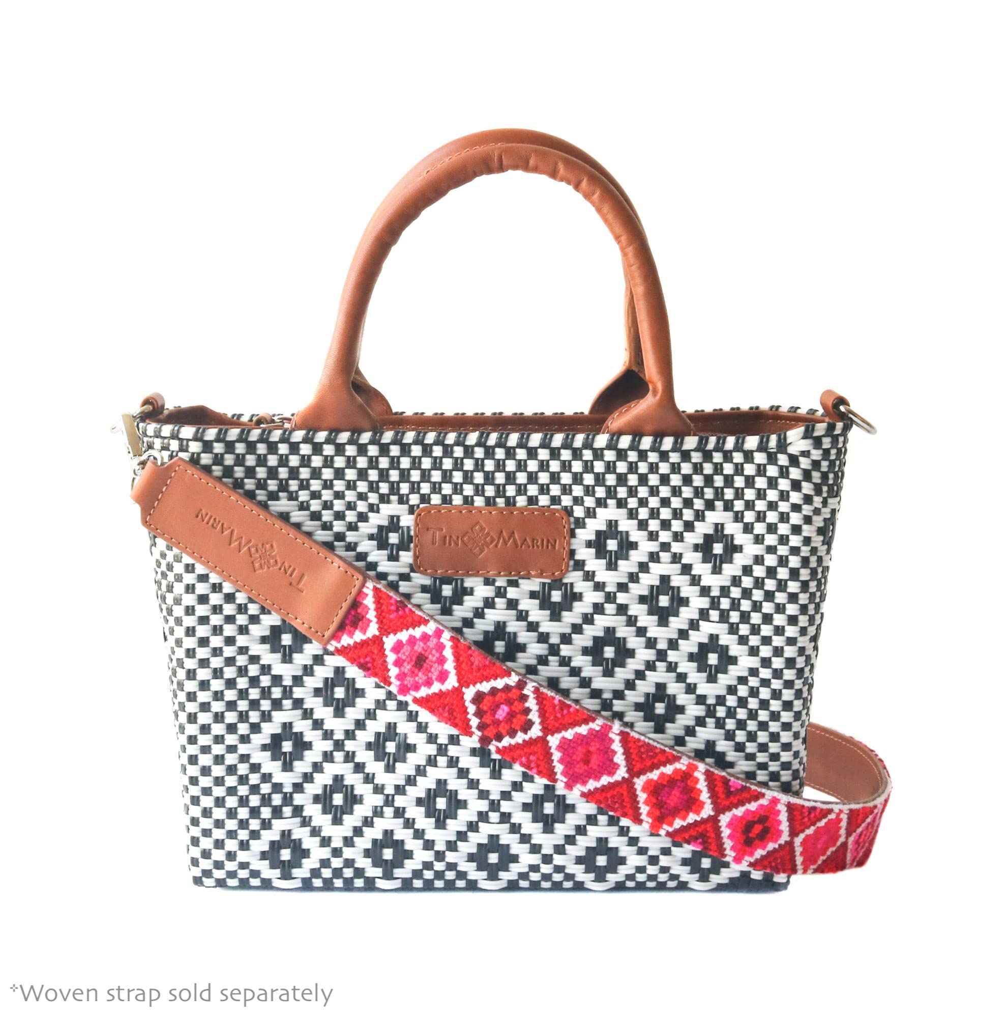 Eco-Friendly Small Woven Crossbody Bag with Tan Leather Handles - Mexican Recycled Plastic Handwoven Purse with Adjustable Strap & Zipper Closure | Perfect for Summer Travel, Beach Outings & Everyday Use