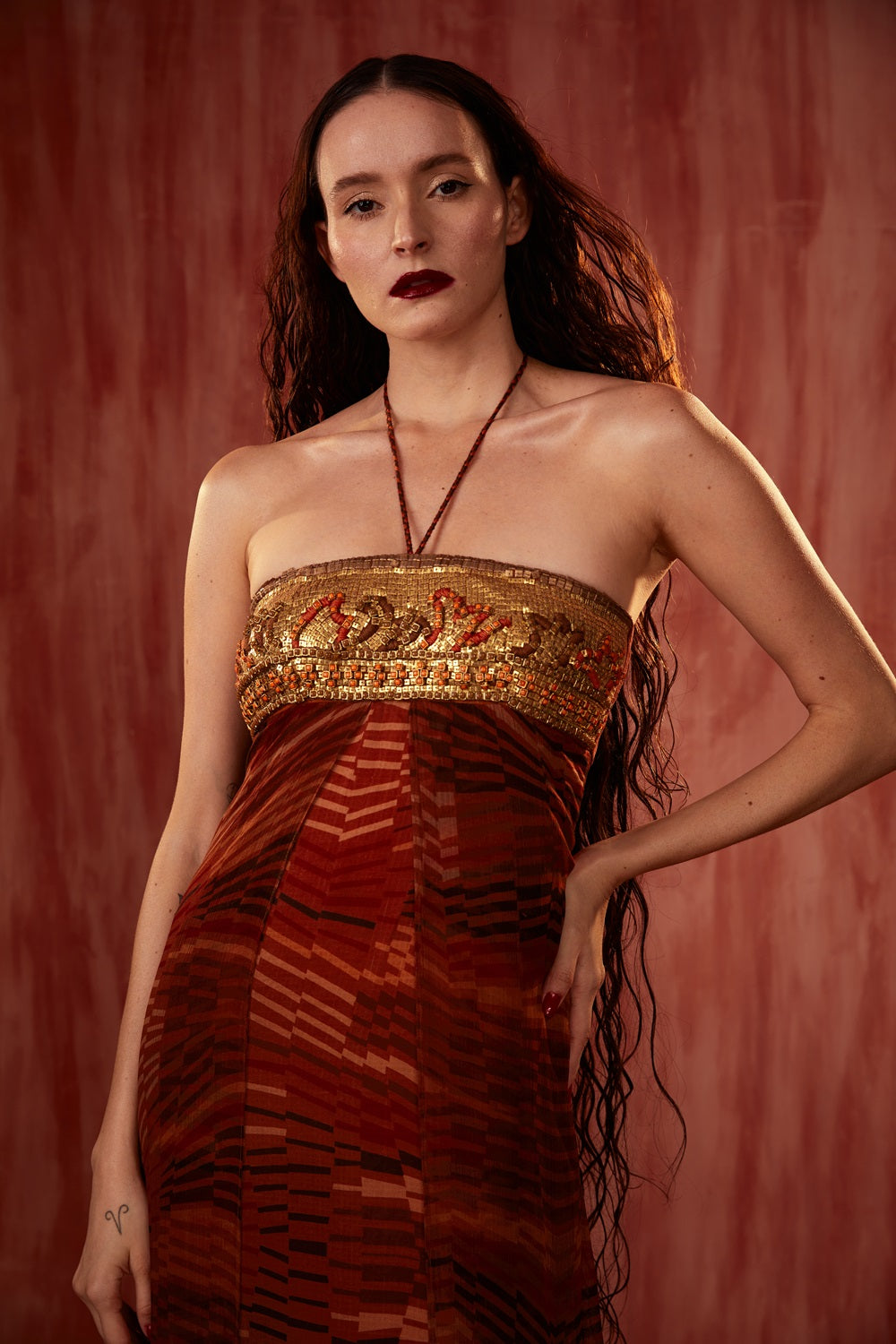 Tangerine Byzantine Halter Maxi Dress with Mosaic Brick Embroidery - Elegant Boho Chic Summer Beach Dress for Women