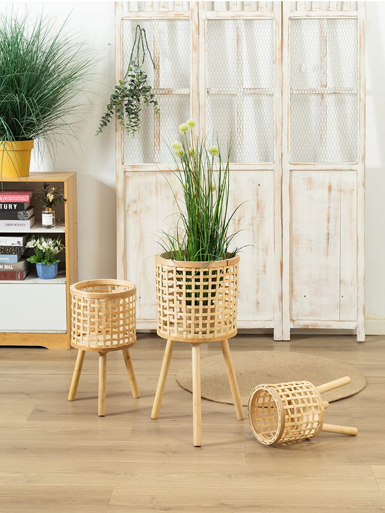 Natural Bamboo Woven Plant Pot Stand with Wooden Legs - Indoor Rattan Basket Flower Pot Holder - Boho Chic Floor Plant Stand for Home Decor, Living Room, Bedroom & Office Display (Khaki, Small)