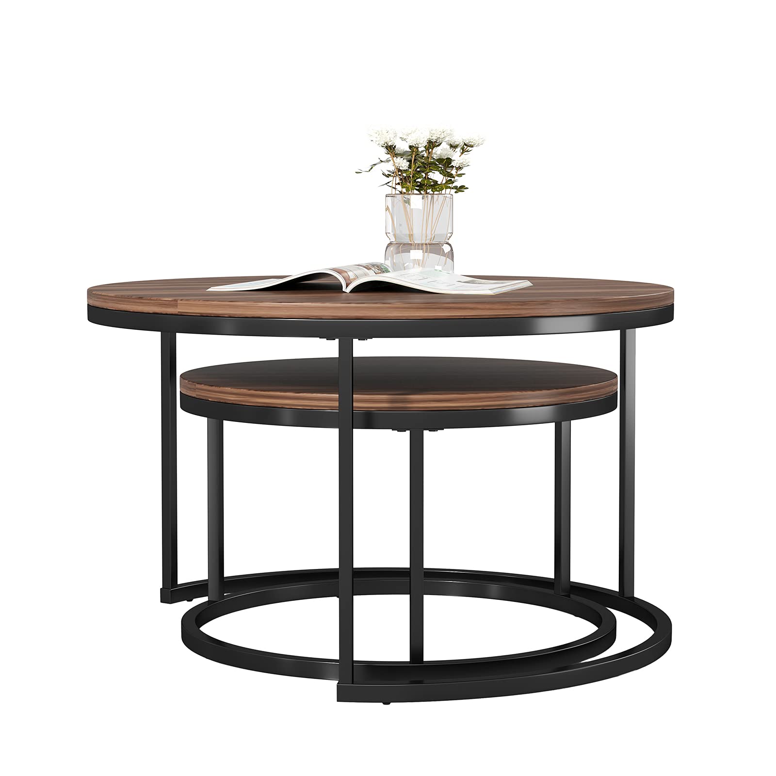 Round Nesting Coffee Table Set of 2 - Walnut Wood Top & Black Metal Frame Accent Tables for Living Room, Bedroom, Balcony - Perfect for Small Spaces, Coffee Time & Home Decor
