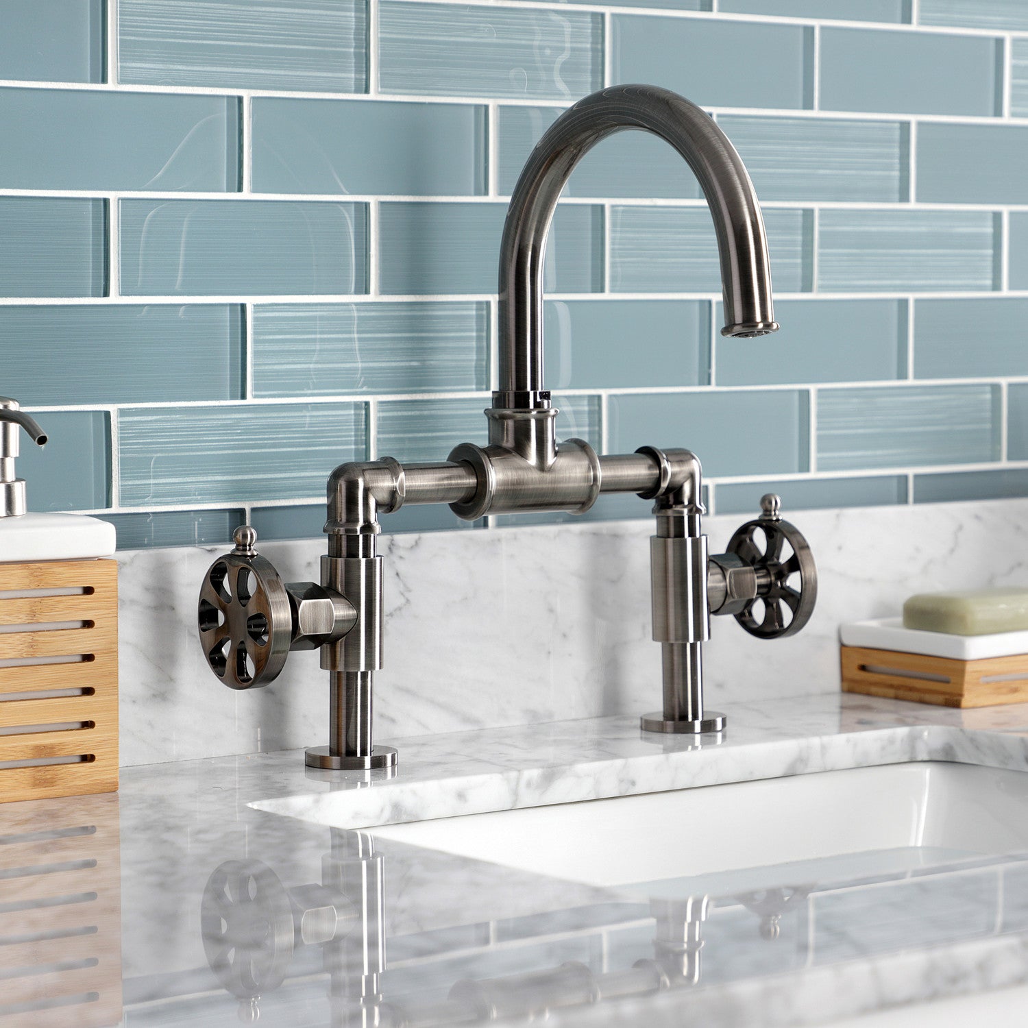 Belknap KS217RXVN 2-Handle Deck Mount Bathroom Faucet with Push Pop-Up Drain - Black Stainless Finish for Modern Vanity & Sink Installation