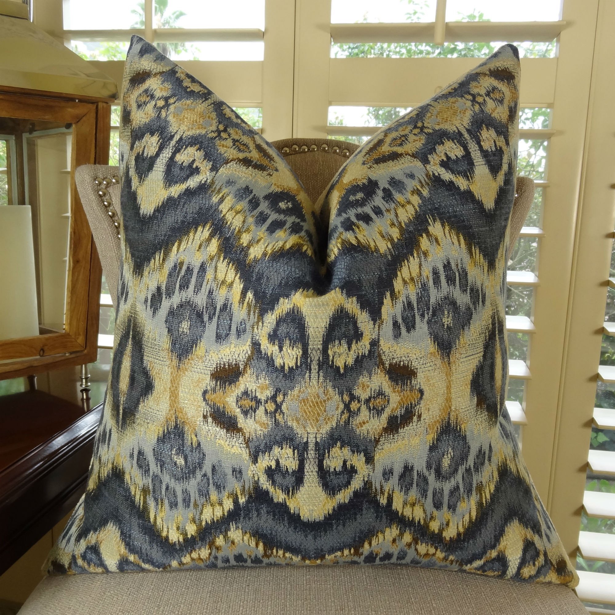 Designer Zig Zag Ikat Throw Pillow - Navy Blue Tan Indigo Modern Wavy Accent Pillow | Handmade in USA | Perfect for Sofa, Bedroom & Living Room Decor