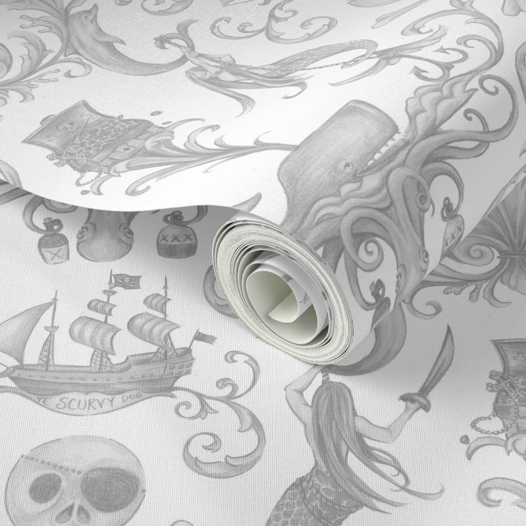Peel & Stick Removable Wallpaper Swatch - Antique Gray Shell Octopus Nautical Mermaid Whale Pirate Nursery Decor | Self-Adhesive Wallpaper Samples by Spoonflower | Perfect for Kids' Rooms, Bathrooms & Home Accent Walls