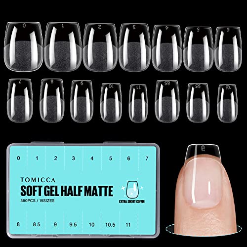 TOMICCA 360Pcs Extra Short Coffin Nail Tips - 15 Sizes Natural Acrylic Pre-shaped Soft Gel Nails, Half Matte Full Cover False Nails for Nail Extension & Manicure - Perfect for Salon, Home DIY & Special Occasions