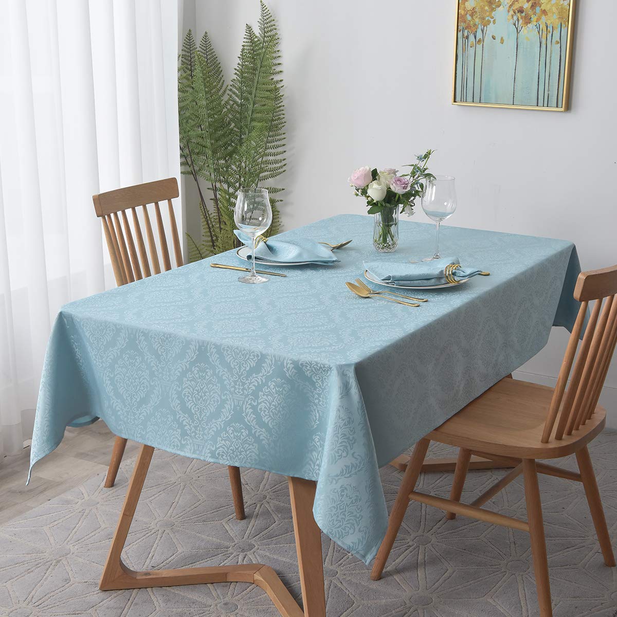 Premium Spillproof Wrinkle-Resistant Heavyweight Square Tablecloth - 52x52 Inch Damask Pattern Blue Haze - Soft Durable Fabric for Kitchen, Dining Table, Outdoor Picnic & Party Decor