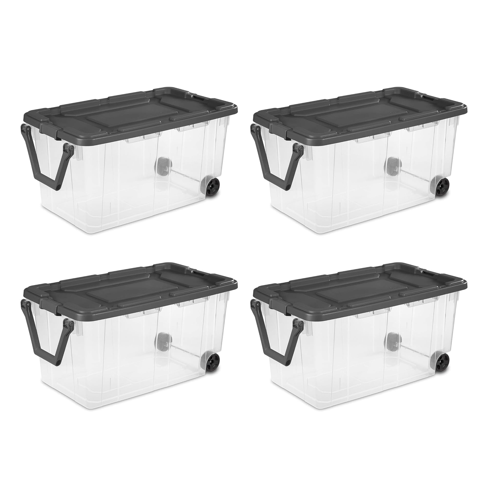 Sterilite 4-Pack 160 Qt Stackable Storage Bins with Latching Lids & Wheels, Gray - Perfect for Garage Organization, Home Storage, and Moving Supplies