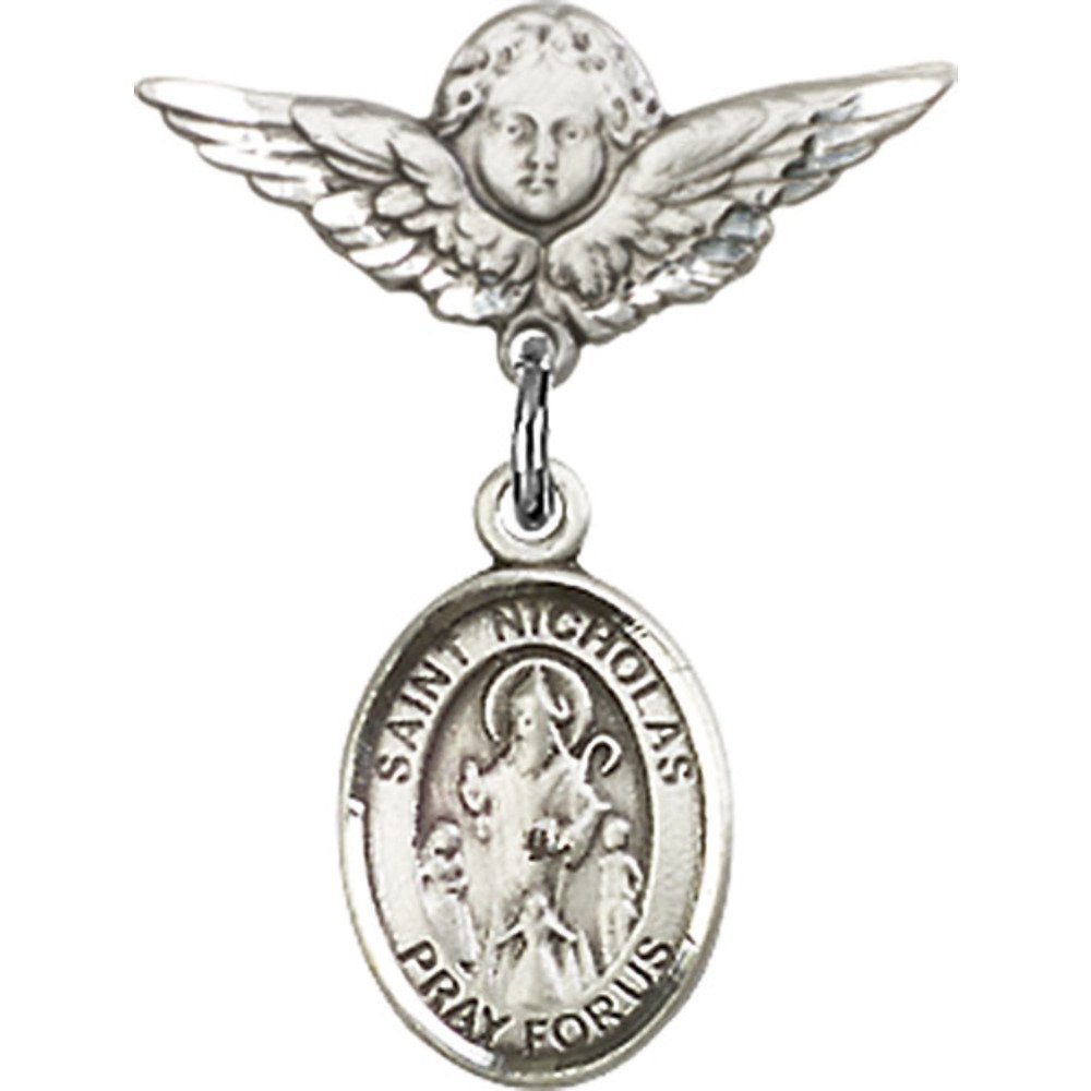 Sterling Silver Baby Badge with St. Nicholas Charm & Angel Wing Pin - 7/8