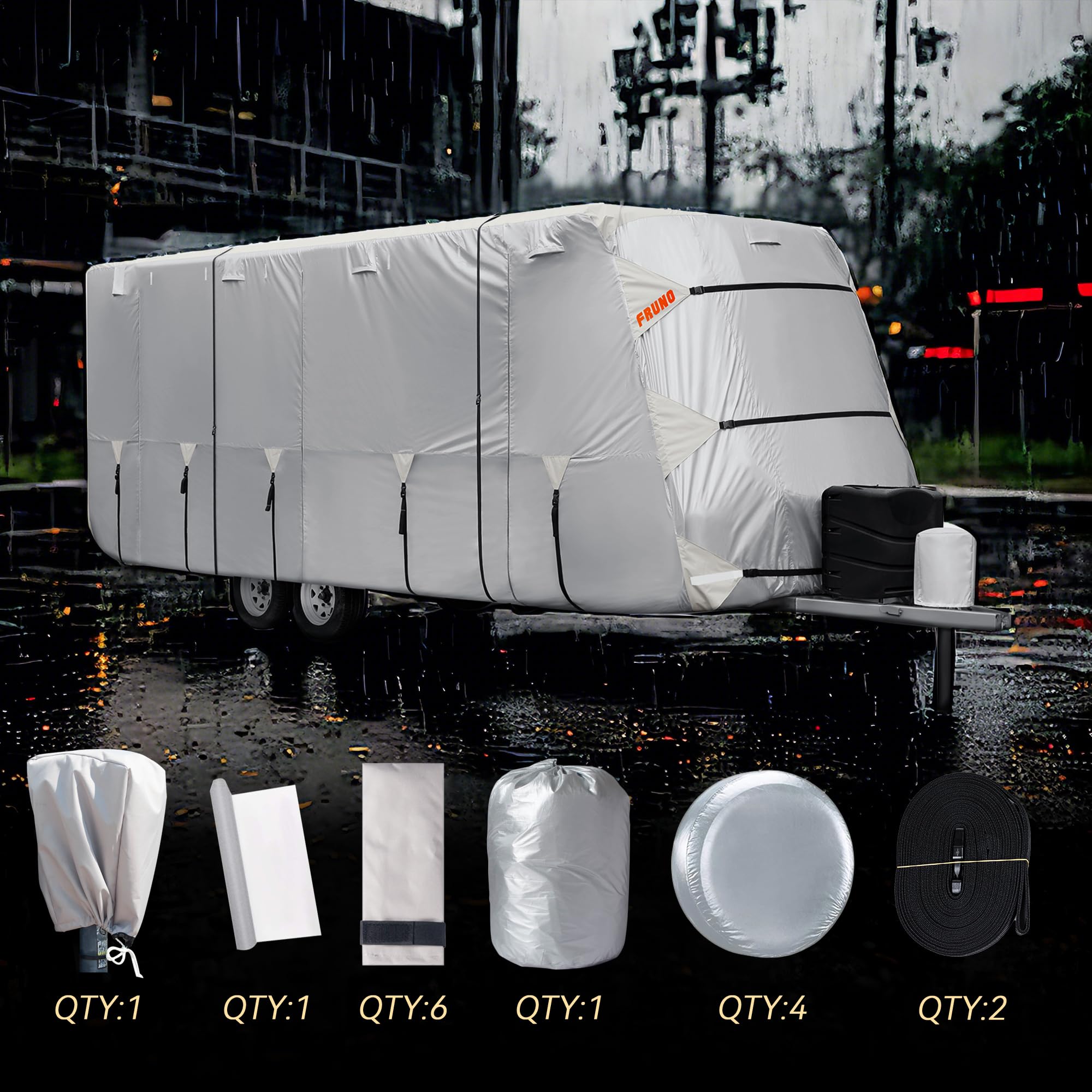 24'-27' Oxford Fabric RV Travel Trailer Cover - Waterproof, UV Resistant, Rip-Proof Winter Snow Protection with Jack Cover, 4 Tire Covers & Gutter Covers | Ideal for Outdoor Camping, RV Storage & Harsh Weather Protection