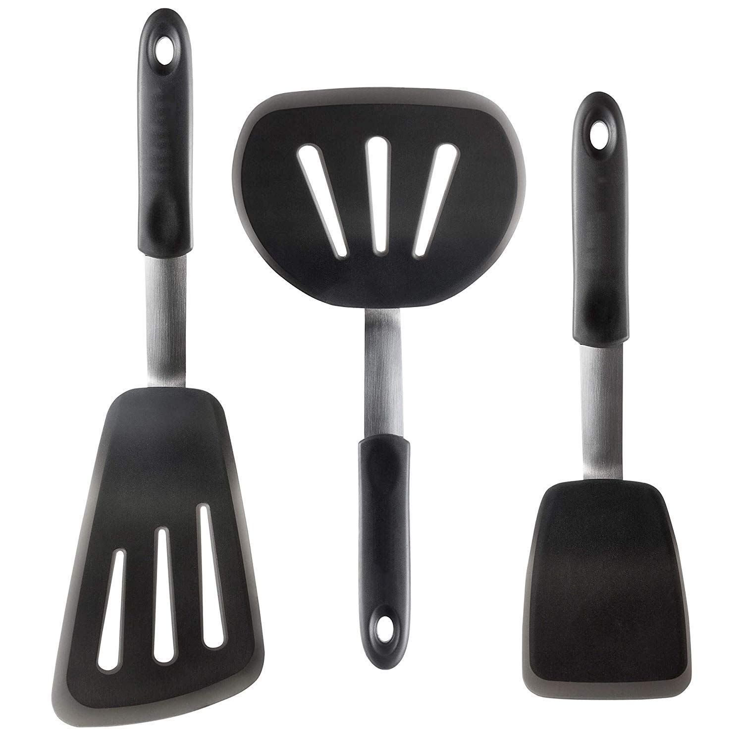 Homearda 3-Piece Silicone Turner Spatula Set - Heat Resistant Up to 600°F - Flexible Rubber Kitchen Utensils for Cooking, Flipping Pancakes & Eggs - Perfect for Non-Stick Pans, Grilling & Baking (Black)
