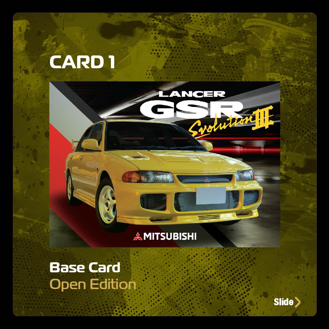 Tarmac Works 1/64 Scale Mitsubishi Lancer GSR Evolution III Diecast Model Car - Yellow with Tarmac Cards - Collectible Miniature Vehicle for Display & Racing Scenes - GLOBAL64 Series