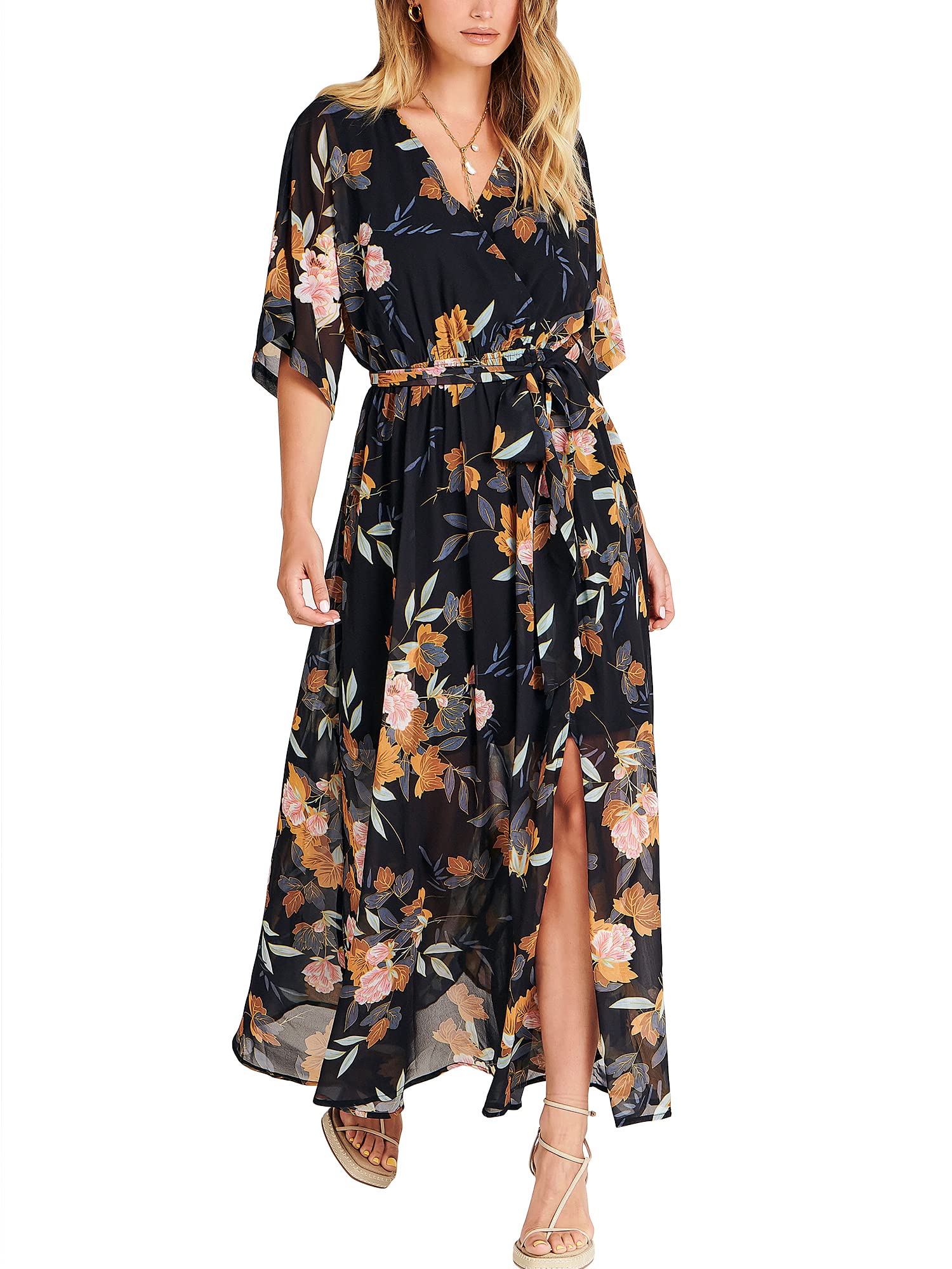 ANRABESS Women's Floral Print Boho Maxi Dress - Loose Wrap V-Neck 3/4 Sleeve Beach Wedding Guest Long Dress for Summer 2024 | Perfect for Vacations, Parties & Casual Outings