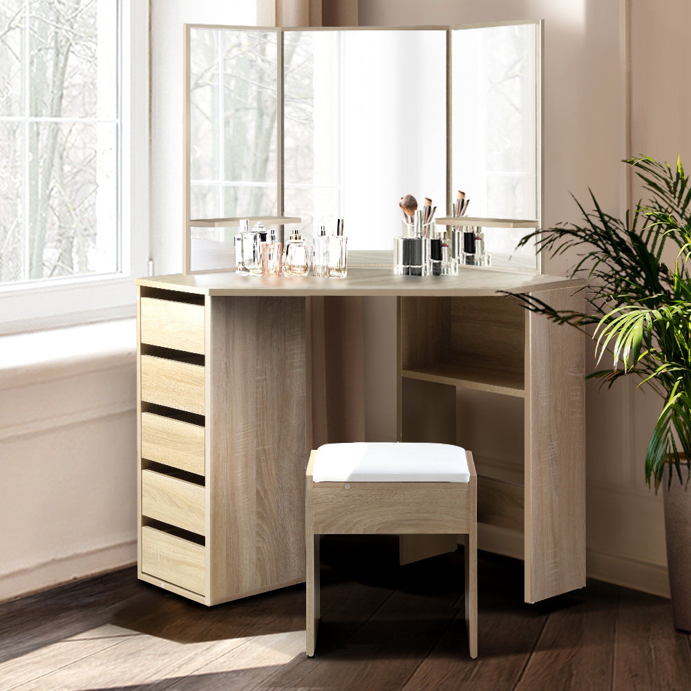 Oak Makeup Vanity Set - Corner Dressing Table with Mirror & Stool, Elegant Makeup Desk Chair for Bedroom, Bathroom or Dressing Room