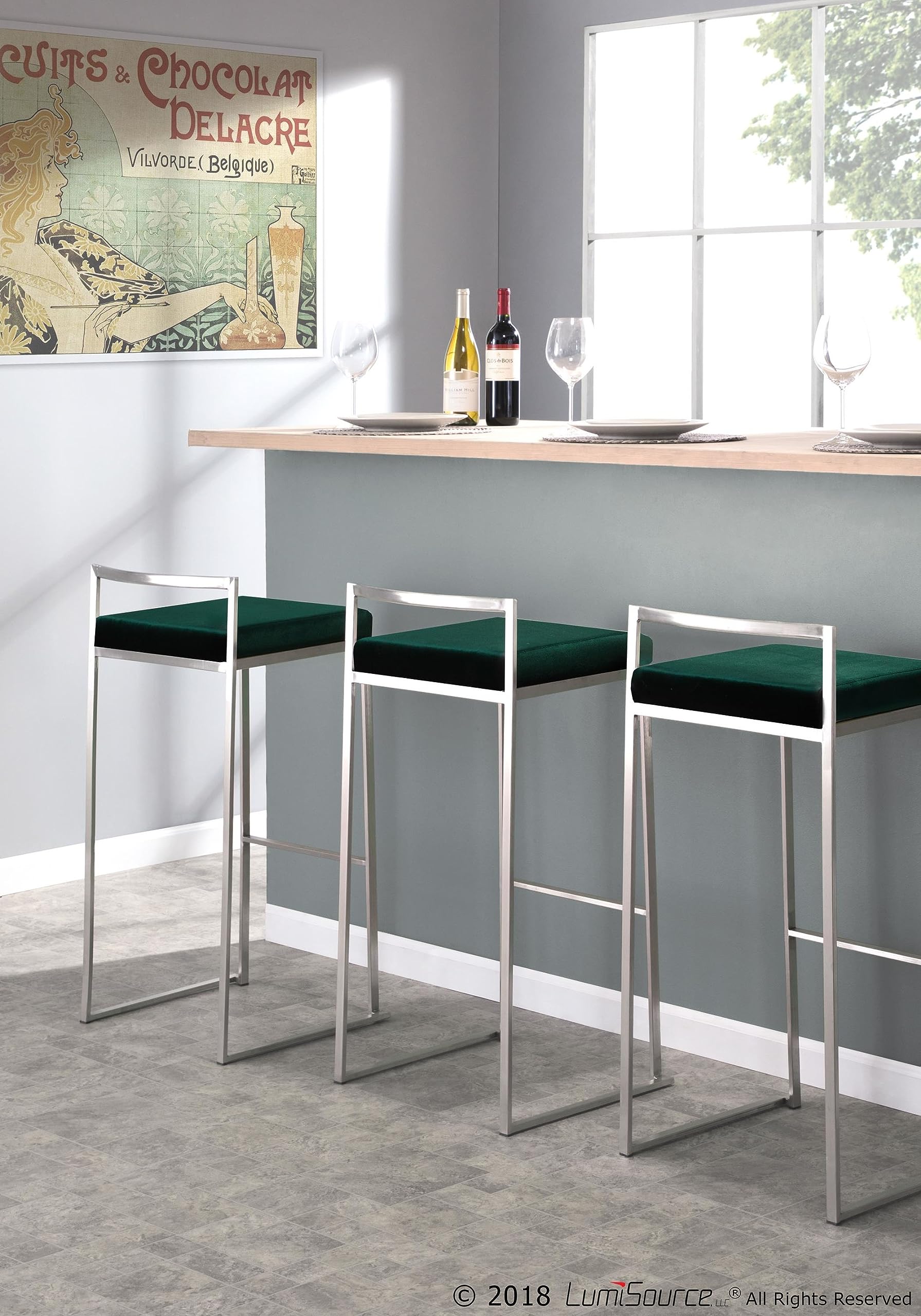 Fuji Stacker Bar Stool Set of 2 - Modern Adjustable Bar Chairs for Kitchen Island, Pub & Home Bar - Durable Counter Height Stools for Dining & Entertainment Areas