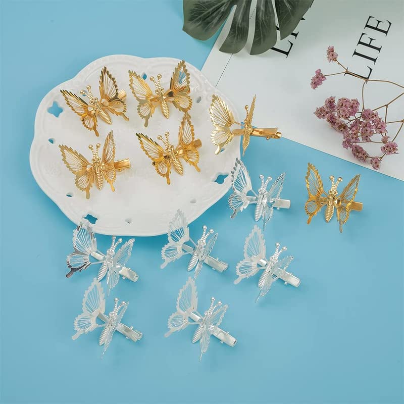 FAMEZA 3 Pcs 3D Moving Butterfly Hair Clips for Women - Gold Metal Hollow Hair Pins, Cute Barrettes & Claw Clips - Elegant Hair Styling Accessories for Girls & Teens - Perfect for Parties, Weddings & Daily Wear