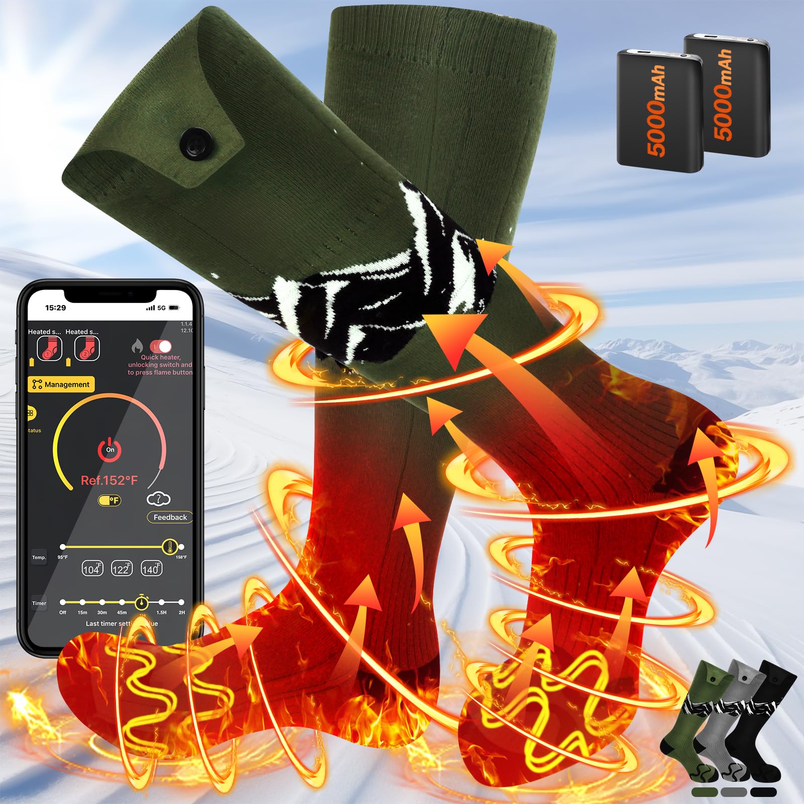 SNOW LEOPARD Rechargeable Heated Socks for Men & Women - 5000mAh Battery Electric Warming Socks with APP Control, Washable Winter Foot Warmers for Skiing, Hiking, Riding & Outdoor Activities
