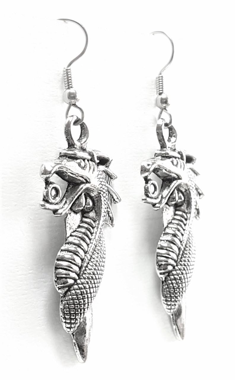 Hypoallergenic Silver Alloy Dragon Charm Dangle Earrings 42x21mm - Fishhook & Ball Post Options for Women | Gothic Jewelry, Fantasy Costume Accessories, Gift for Mythology Lovers