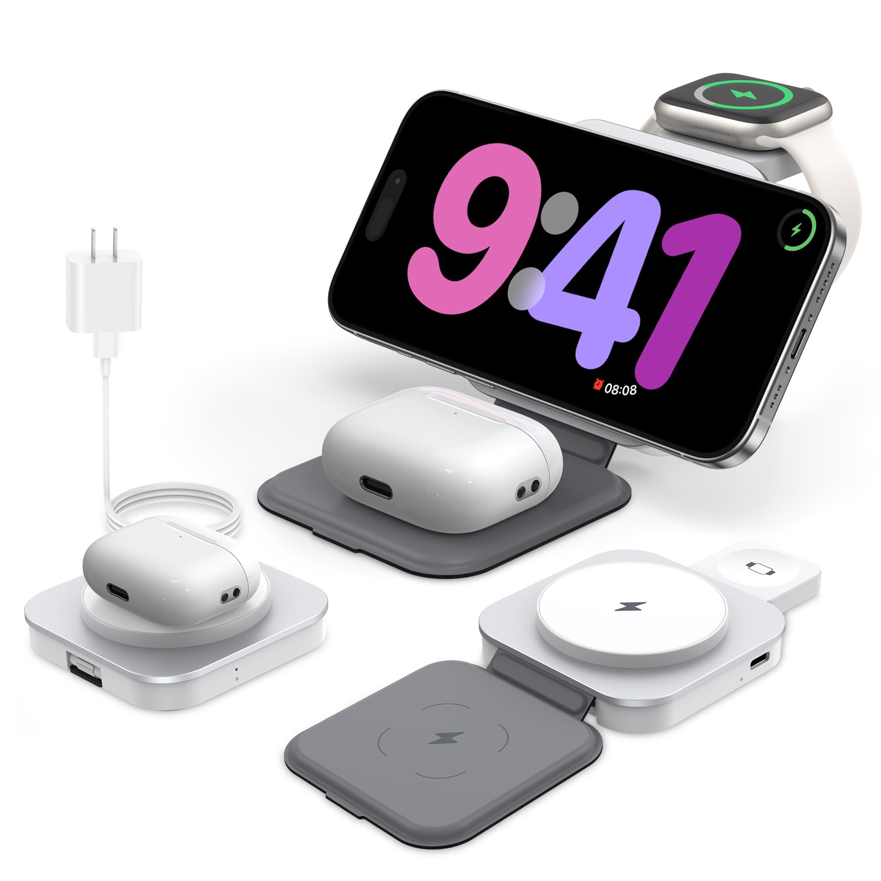 KEEPRO 3-in-1 Magnetic Wireless Charging Station for iPhone 15/14/13/12 Series, AirPods Pro/3/2 & Apple Watch - Fast Foldable Travel Stand with MagSafe (Adapter Included, White) - Perfect for Home, Office & Travel Charging