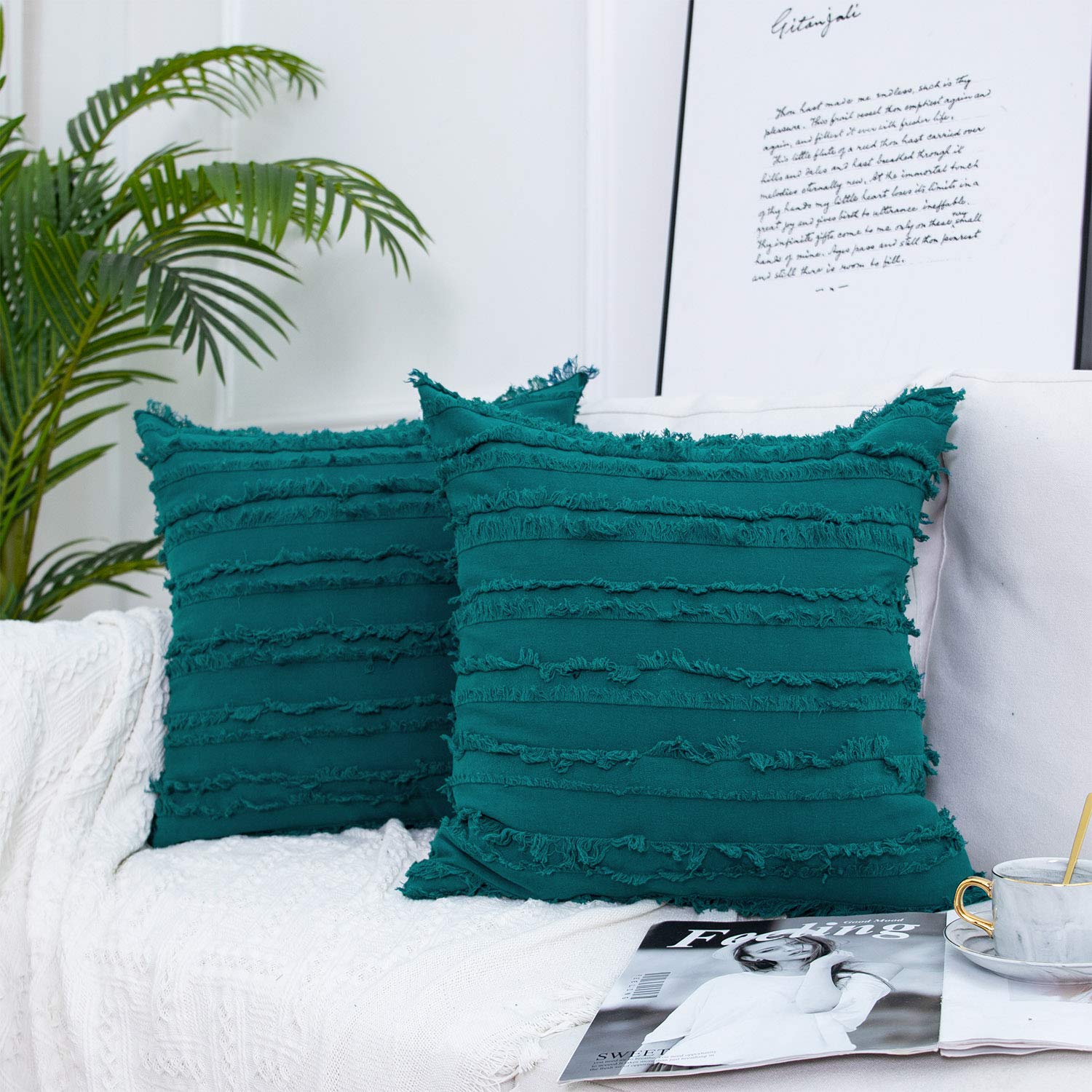 JUSPURBET Farmhouse Style Cotton Linen Pillow Covers 26x26 Inches - Soft Striped Decorative Throw Pillow Cases with Tassels for Couch, Bed, Sofa - Teal Blue Home Decor for Living Room, Bedroom & Porch