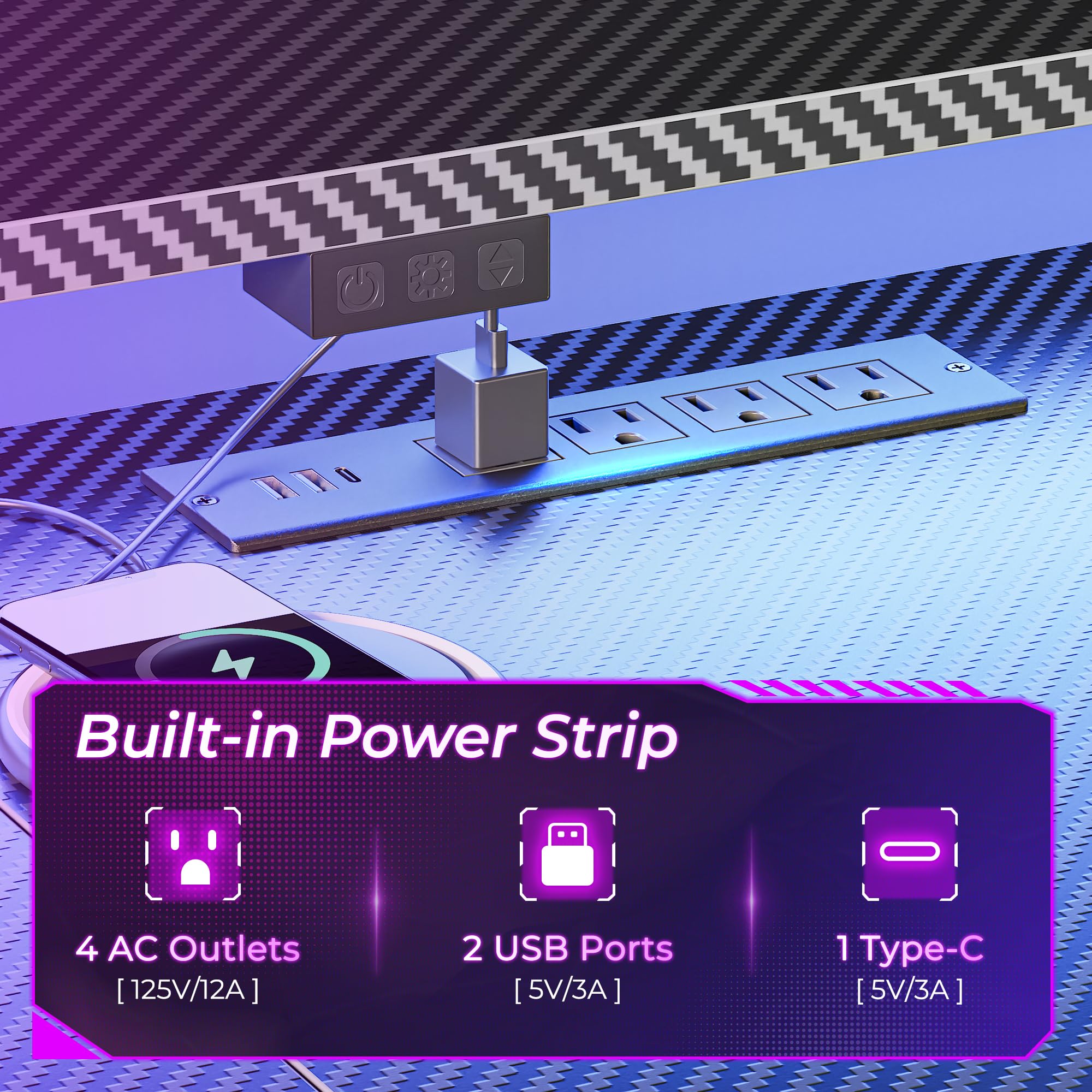 SUPERJARE L-Shaped Gaming Desk with LED Lights & Power Outlets, Ergonomic Computer Desk with Monitor Stand & Headphone Hooks, Carbon Fiber Black Home Office Corner Desk for Streaming, Gaming & Workstation Setup