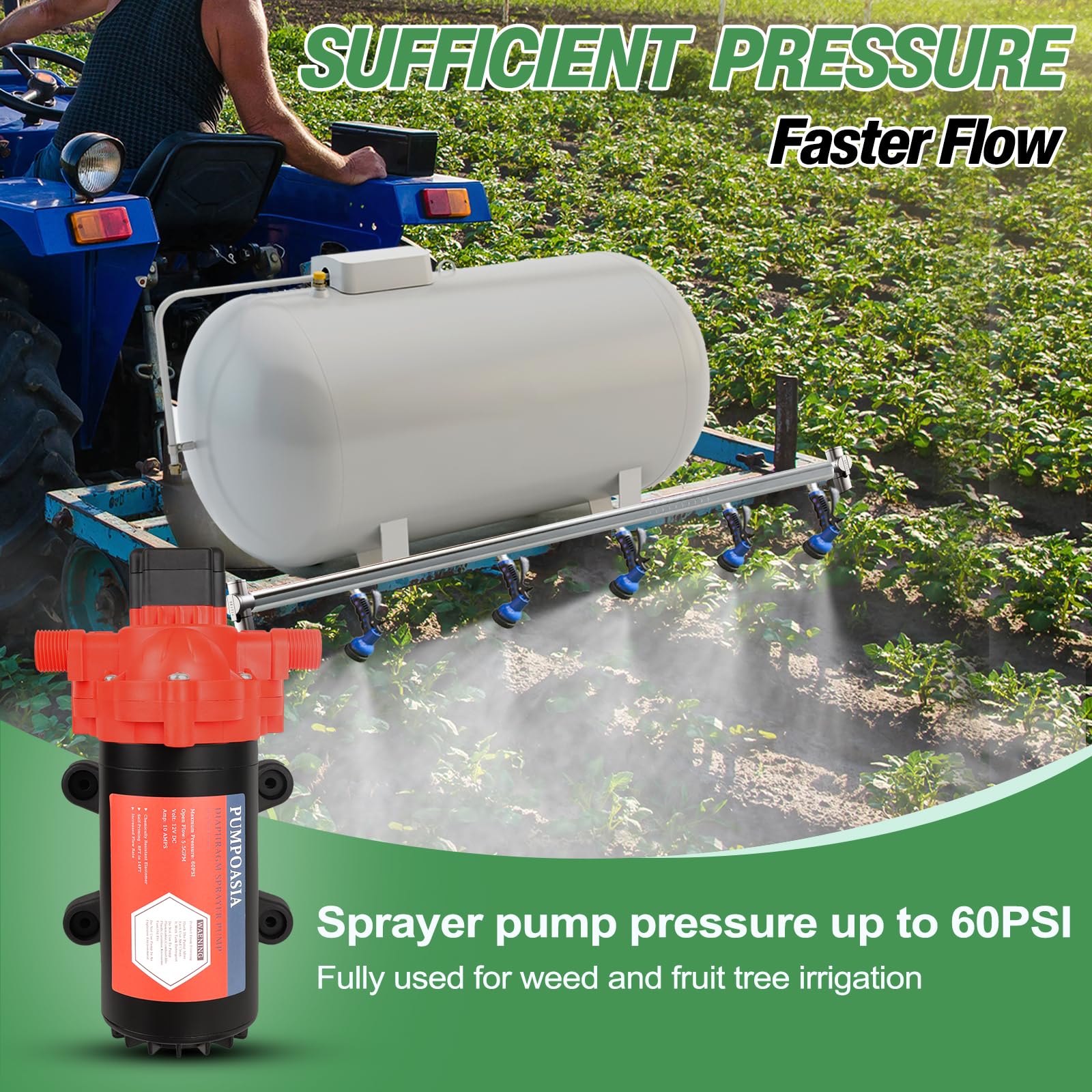 12V Diaphragm Pump 5.5GPM 10Amp 60PSI - Chemical & Corrosion Resistant Self-Priming Water Pump with Pressure Switch - Ideal for Agricultural Spraying, RV Water Systems, Boat Bilge Pumps, and Industrial Fluid Transfer