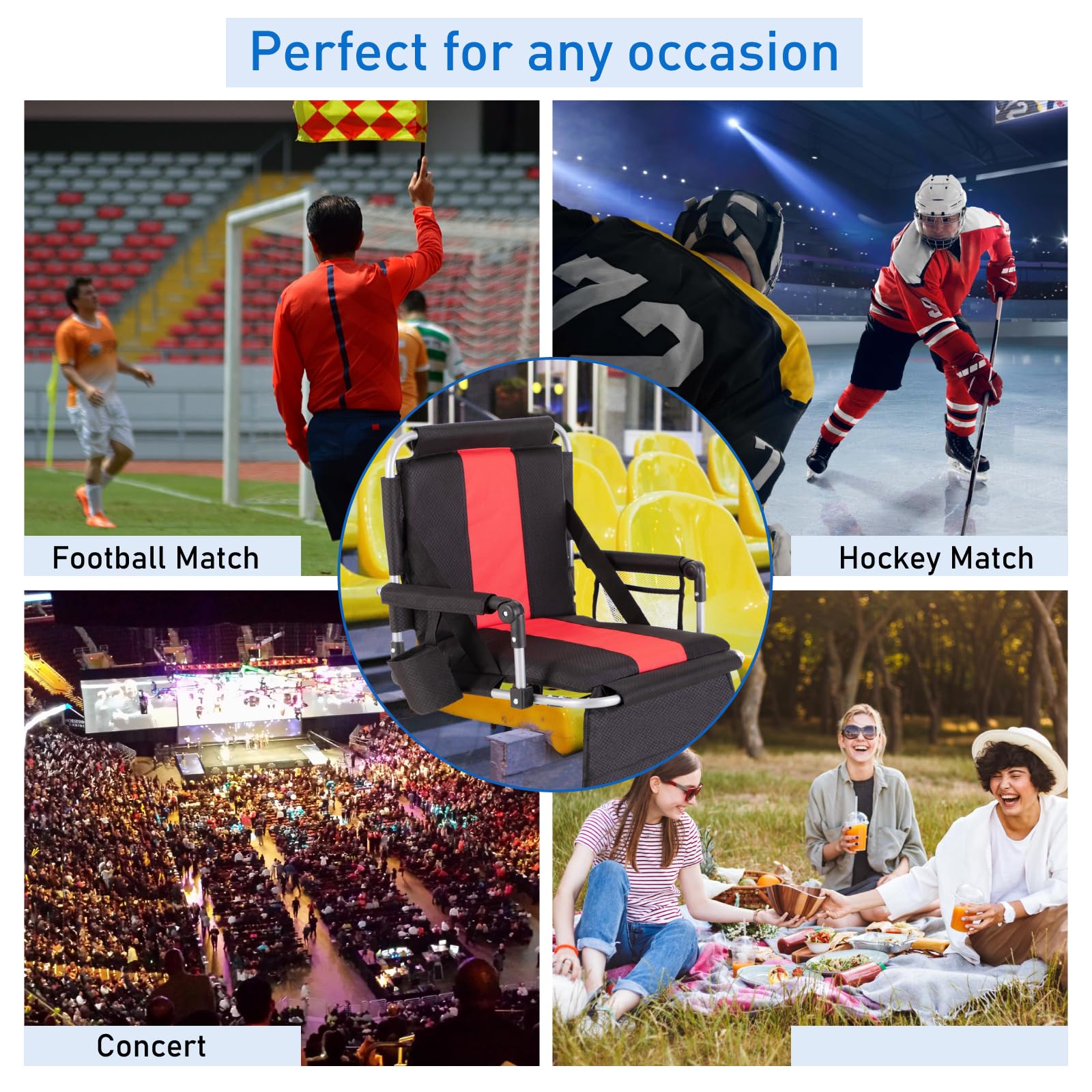 **Portable Folding Stadium Chair with Armrest & Back Support - Lightweight Bleacher Seat for Outdoor Sports, Concerts & Camping - Includes Cup Holder, Mesh Bag & Hide Hooks**    (使用场景: Perfect for football games, baseball matches, outdoor concerts, camping trips, and picnics.)