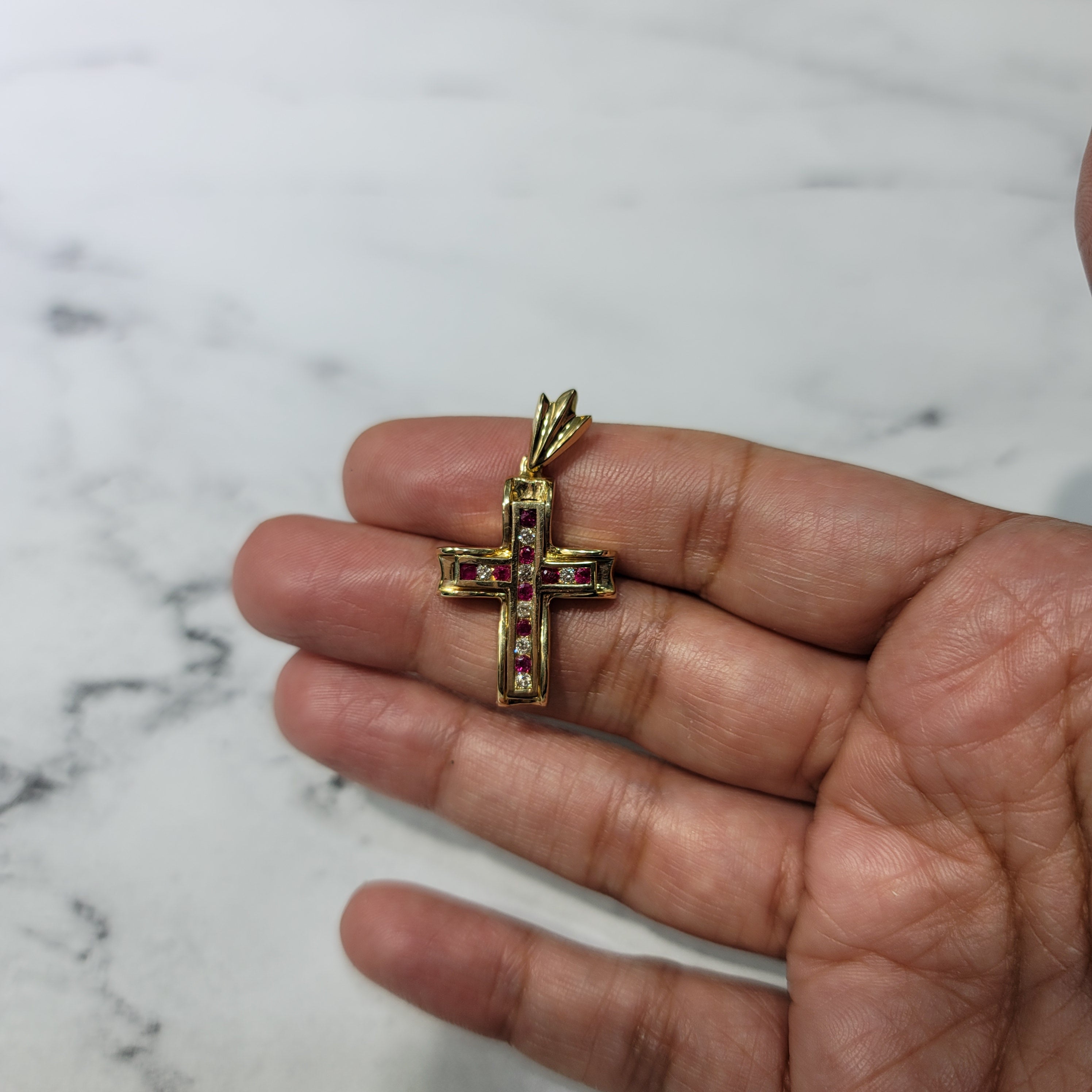14K Yellow Gold Diamond & Ruby Cross Pendant Necklace .50cttw - Elegant Religious Jewelry for Women, Perfect for Church, Weddings & Special Occasions