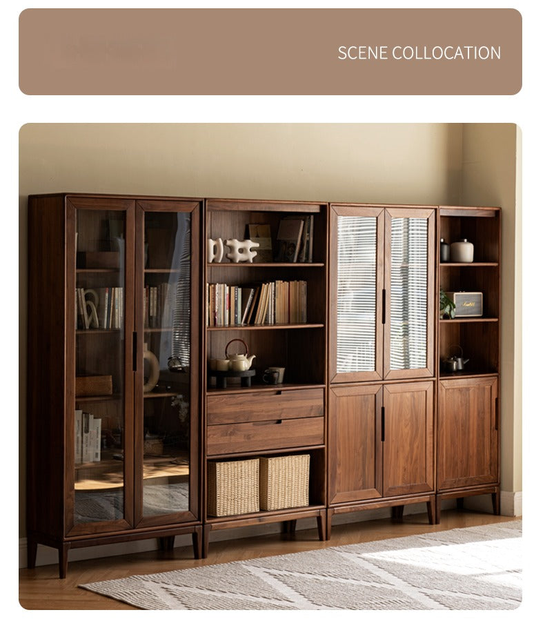 Premium Black Walnut & Ash Solid Wood Bookcase with Dust-Proof Glass Doors - Stylish Home Office & Living Room Storage Solution