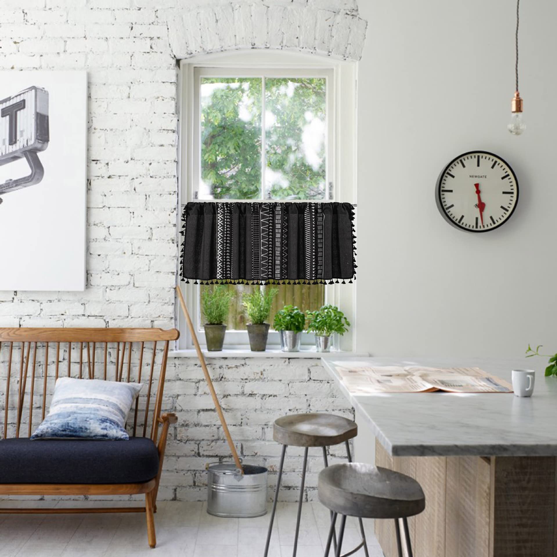 ABREEZE Boho Tassel Kitchen Valance - Black Geometric Cotton Linen Farmhouse Window Curtain Panel (59