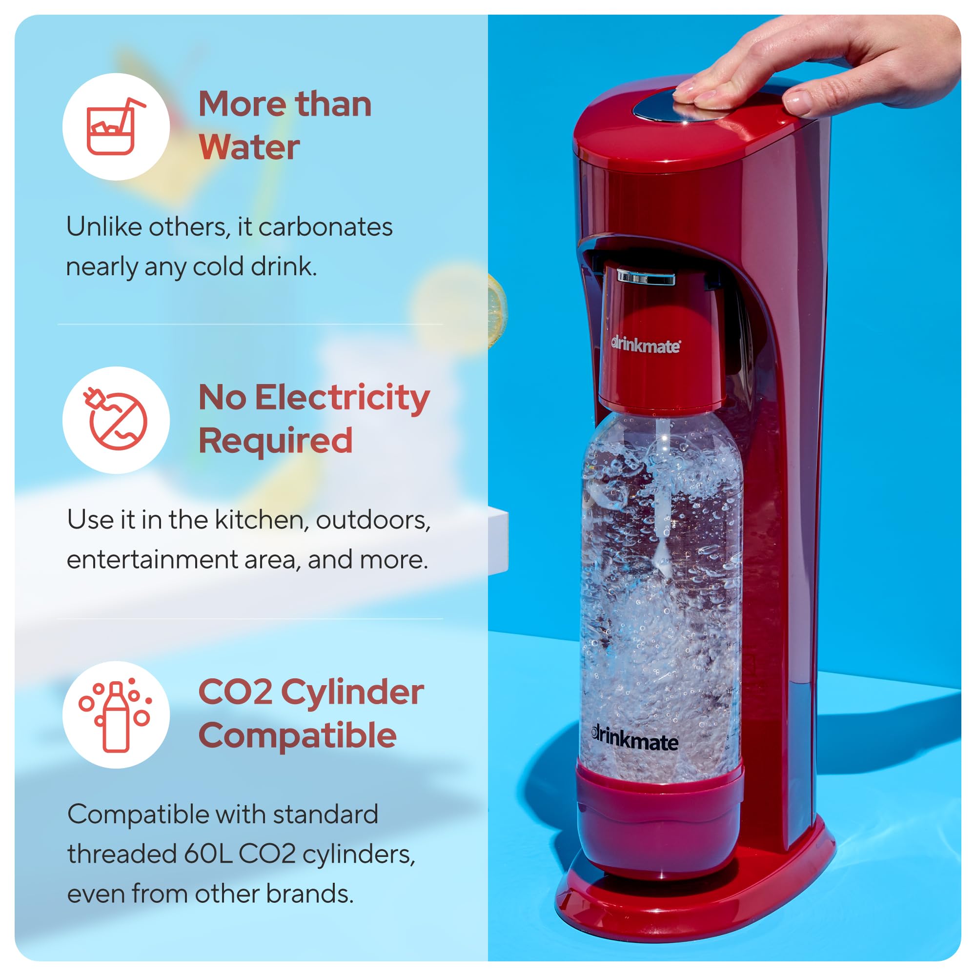Drinkmate OmniFizz Sparkling Water & Soda Maker Machine - Carbonates Any Beverage with 60L CO2 Cylinder, 2 Carbonation Bottles & Fizz Infuser (Royal Red) - Perfect for Home, Office & Party Use