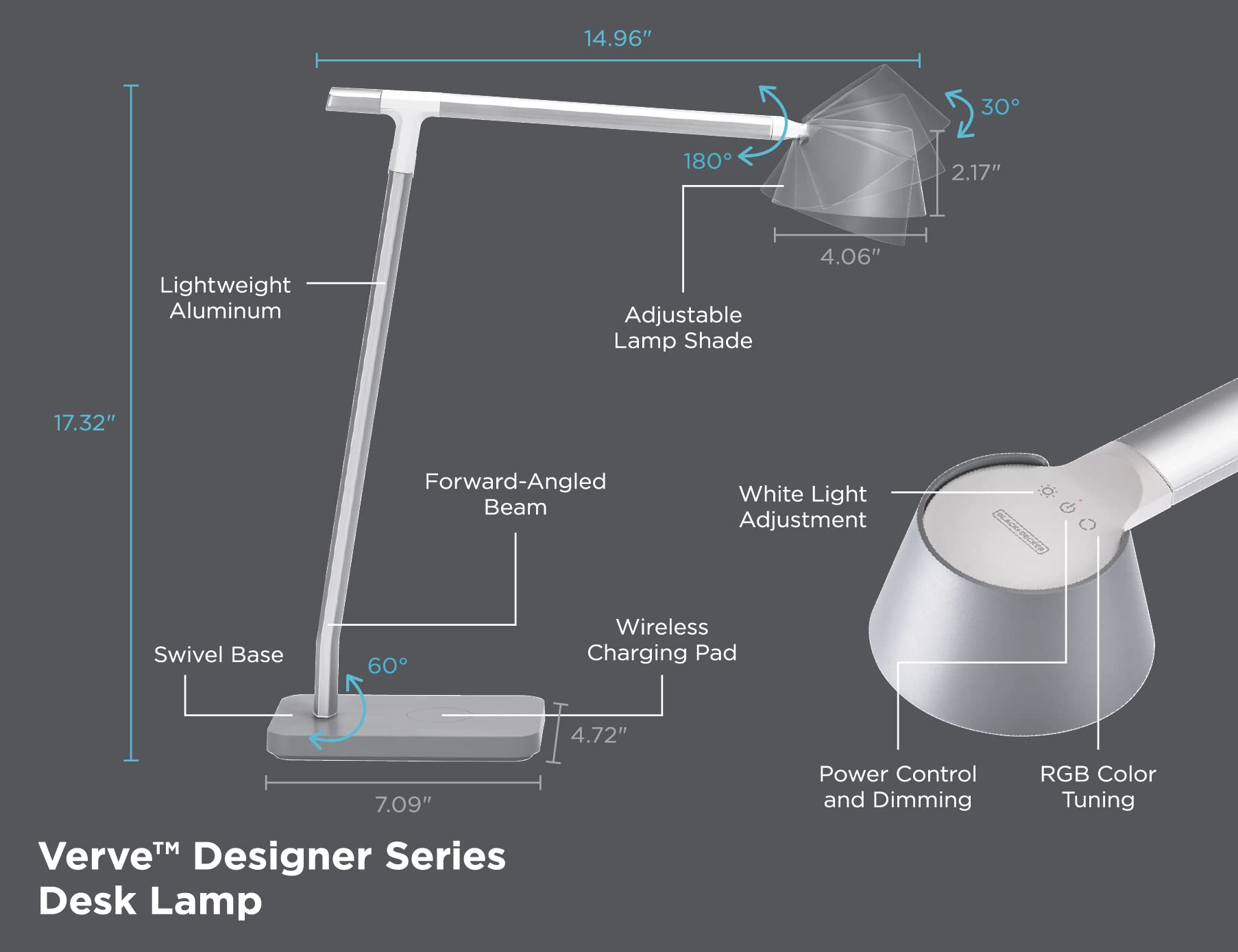 BLACK+DECKER Verve Designer Smart Desk Lamp with Alexa, Auto-Circadian Mode, 16M RGB Colors & Qi Wireless Charger - Perfect for Home Office, Gaming Setup and Nightstand Lighting