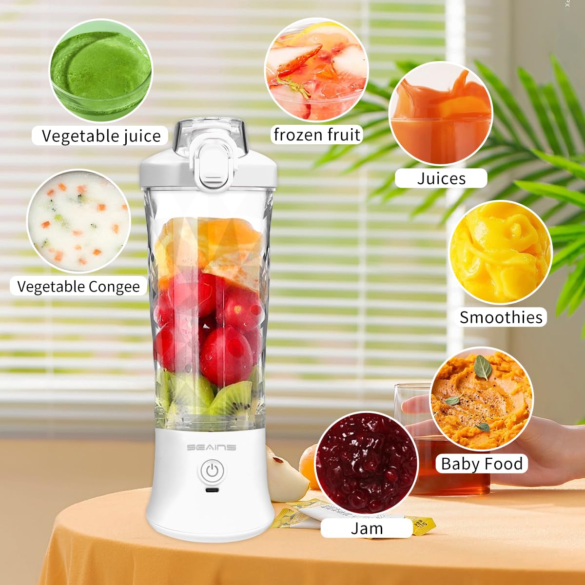 Portable USB Rechargeable Personal Blender - 20oz Travel Cup with Lid, 6 Blades Mini Blender for Smoothies, Protein Shakes & Juices | Perfect for Gym, Kitchen, Camping & Outdoor Activities (White)