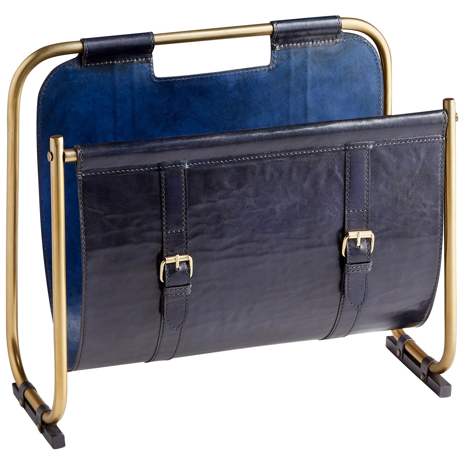 Cyan Design 10719 Granville Magazine Rack - Blue & Antique Brass Metal Holder for Living Room, Office, or Library Storage Organizer