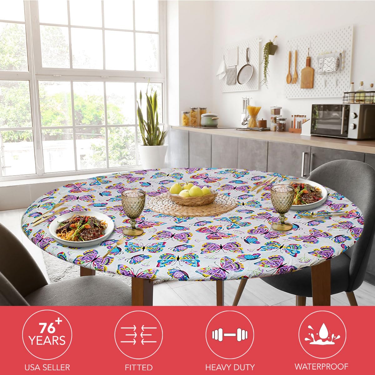 Premium Elastic Edged Flannel Backed Vinyl Fitted Tablecloth - Colorful Butterfly Design - Large Round/Oblong/Oval (Fits 45