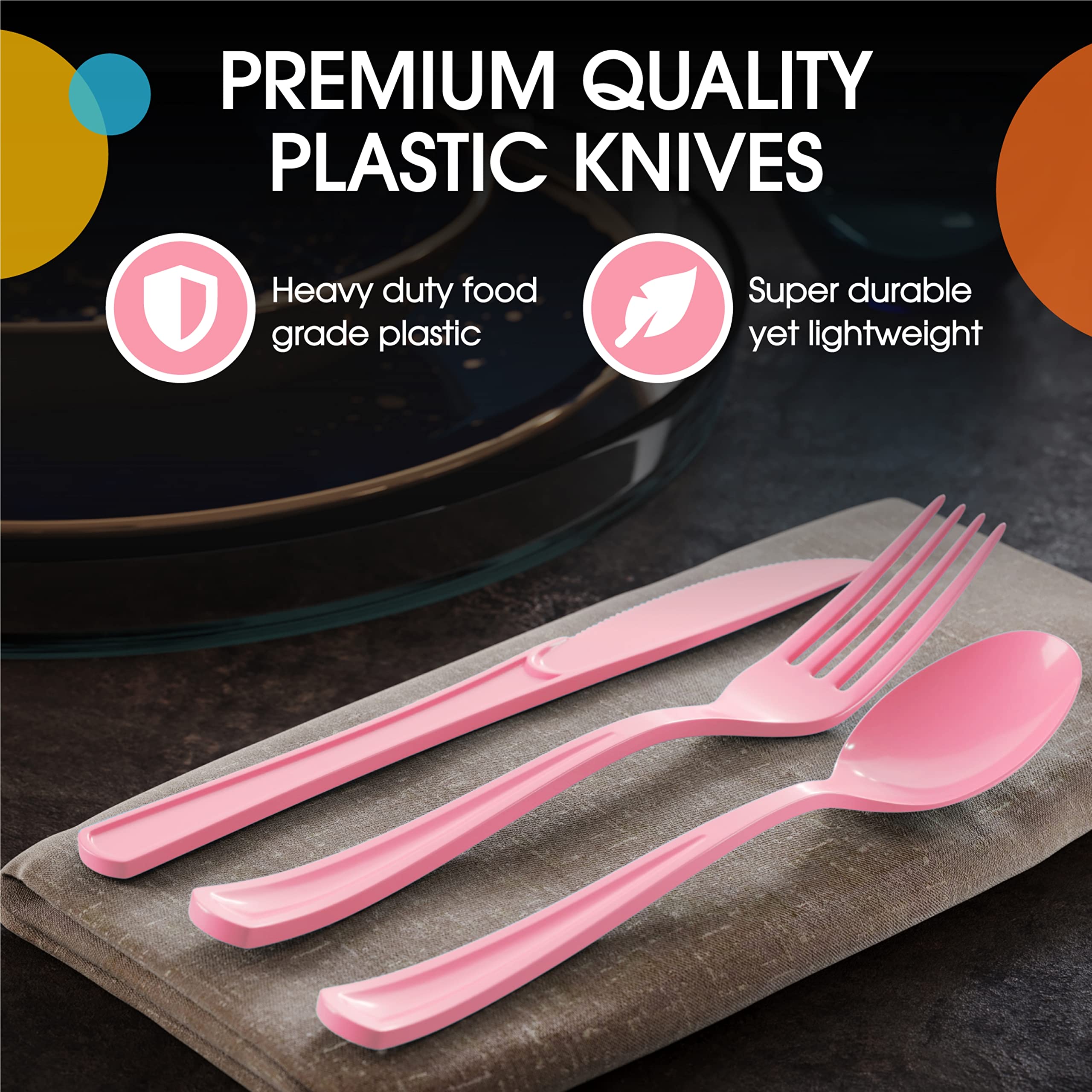 100-Pack Heavy Duty Disposable Pink Plastic Knives - Durable Cutlery Set for Parties, Picnics, BBQs & Catering Events - Bulk Flatware Utensils for Wedding, Birthday & Holiday Tableware Supplies