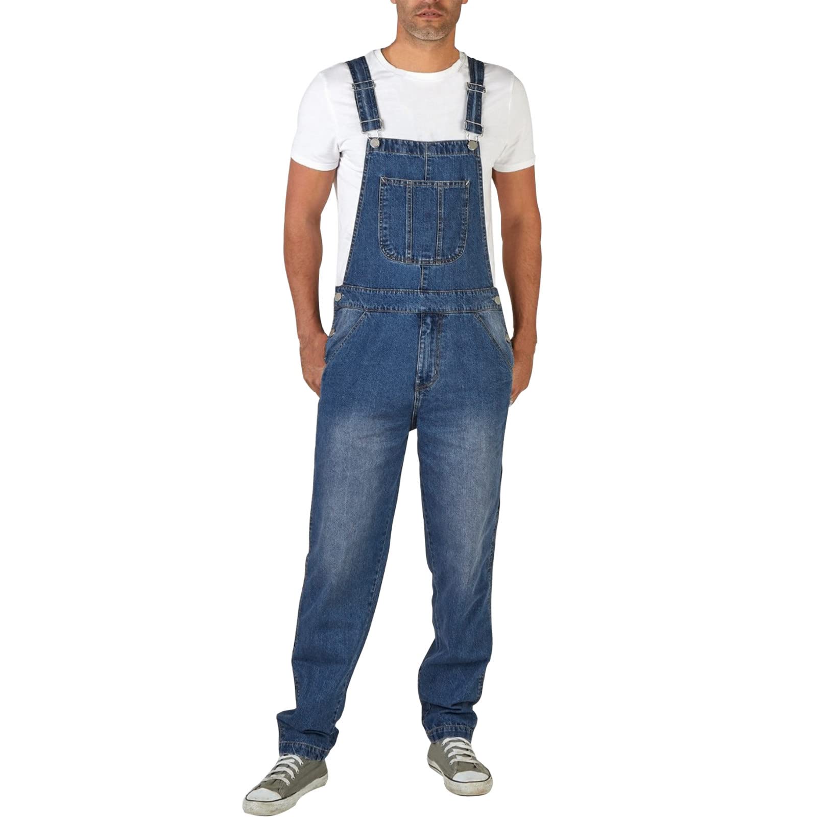 TiaQ Men's Denim Overalls with Full Pockets - Casual Stretch Pencil Length Jumpsuit Pants for Work & Outdoor Activities