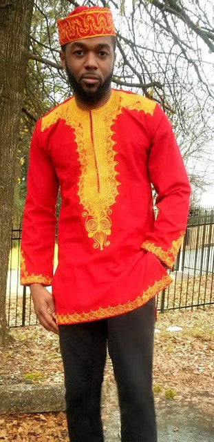Men's Red African Dashiki Shirt with Gold Embroidery DP4004 | Traditional African Tunic for Men | Perfect for Cultural Events, Weddings & Festivals
