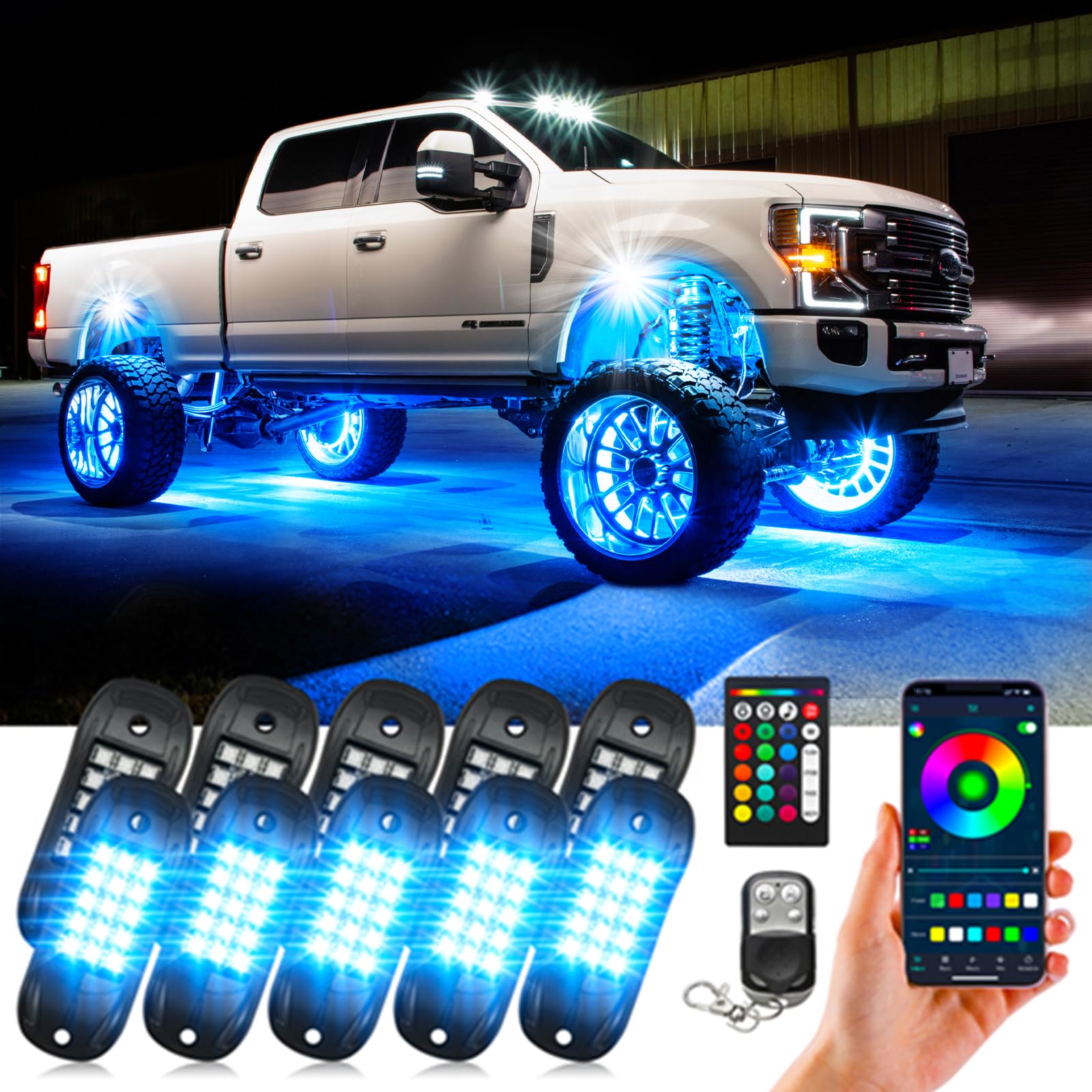 10 Pods RGB LED Rock Lights for Trucks, UTV, SUV, ATV & RZR - App Controlled Underglow Kit with Flashing & Music Sync Modes - Perfect for Off-Roading, Car Shows & Night Driving