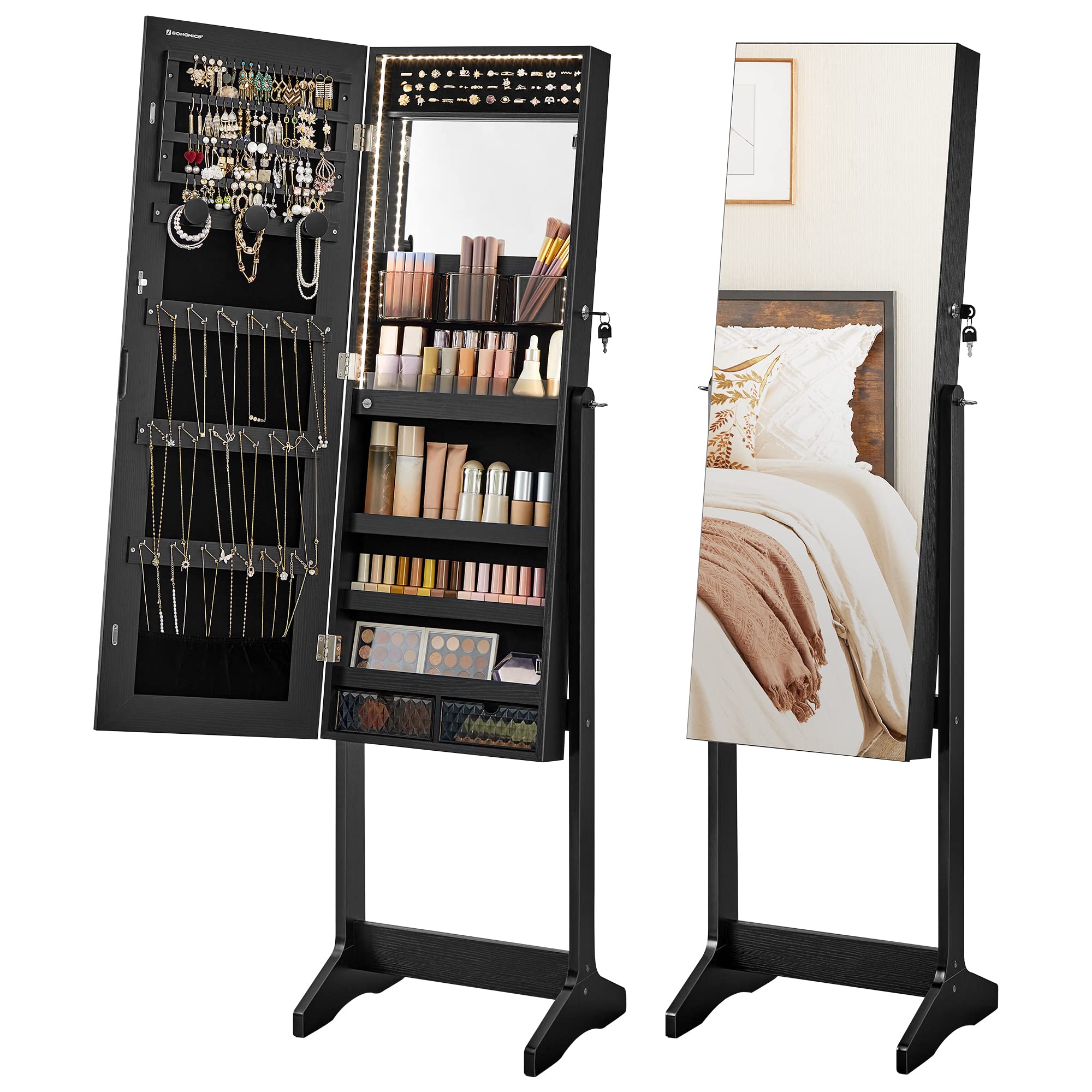 SONGMICS Full-Length LED Jewelry Cabinet with Mirror - Black Standing Armoire Organizer with 2 Drawers, Lockable Storage & Built-In Makeup Mirror | Perfect for Bedroom, Dressing Room & Closet Organization